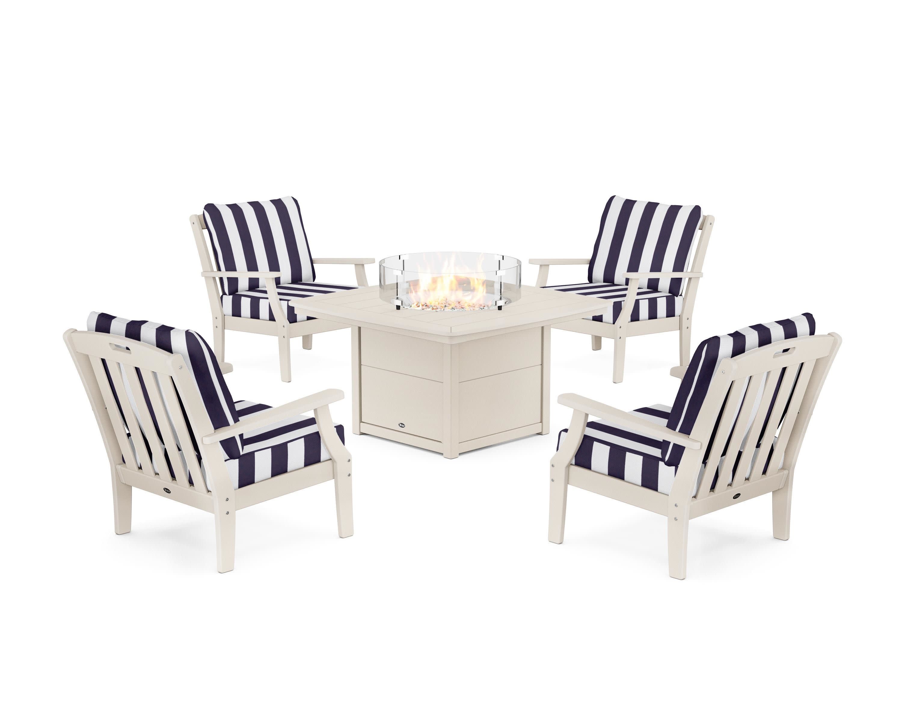 Yacht Club 5-Piece Deep Seating Set with Fire Pit Table in Sand Castle / Cabana Stripe Navy
