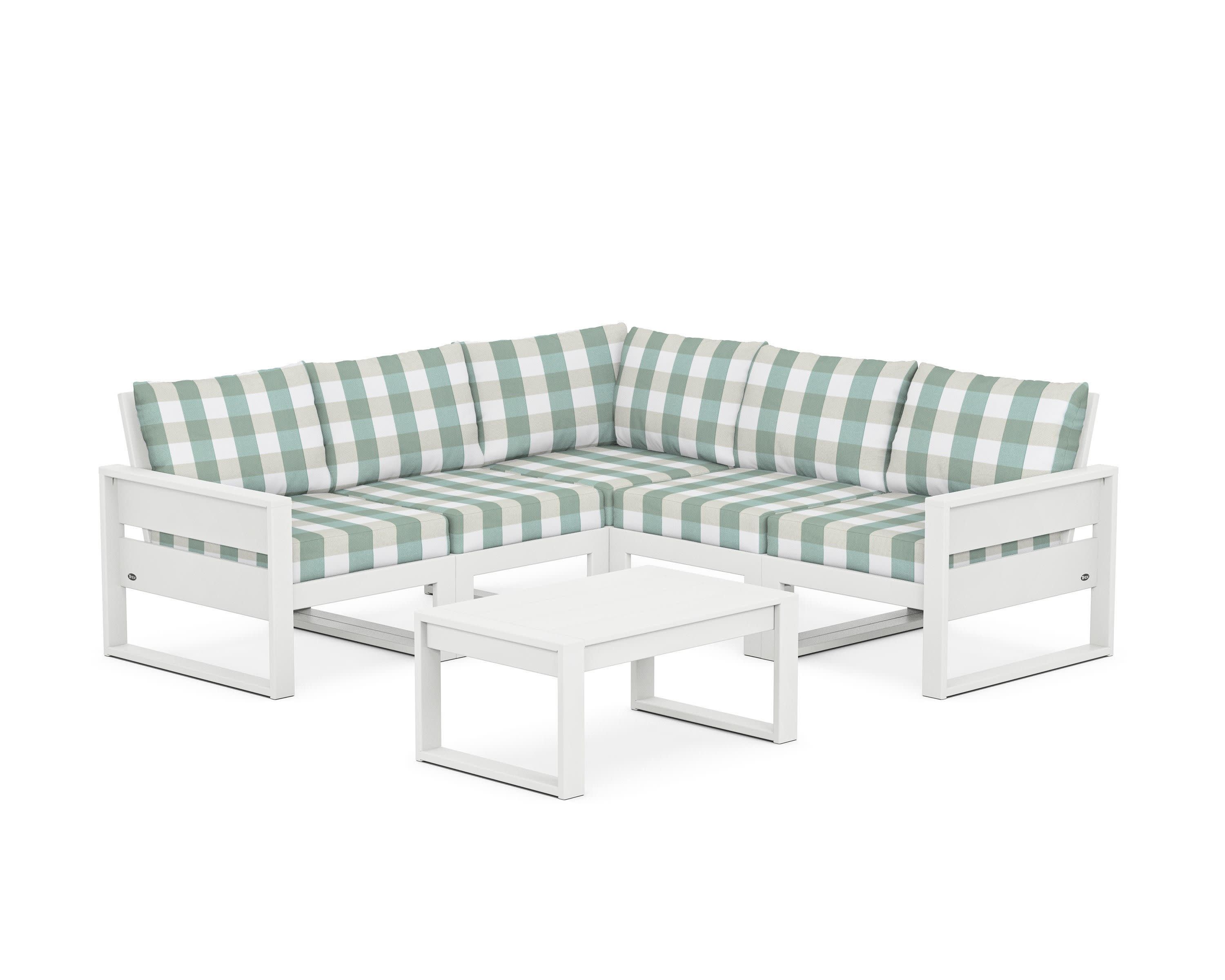 Eastport 6-Piece Deep Seating Sectional + Coffee Table Set in Classic White / Buffalo Plaid Glacier Spa