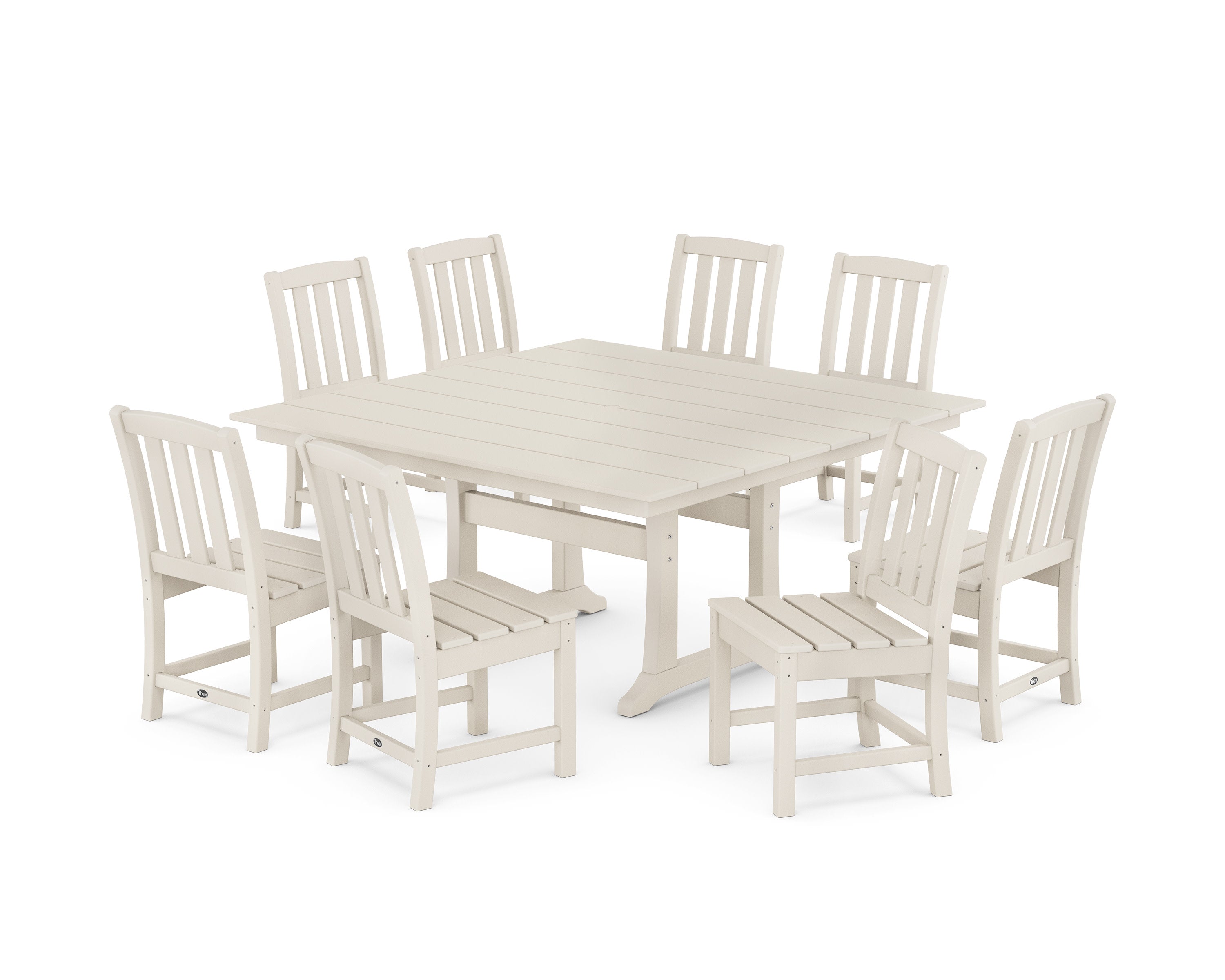 Cape Cod Side Chair 9-Piece Square Farmhouse Dining Set with Trestle Legs in Sand Castle