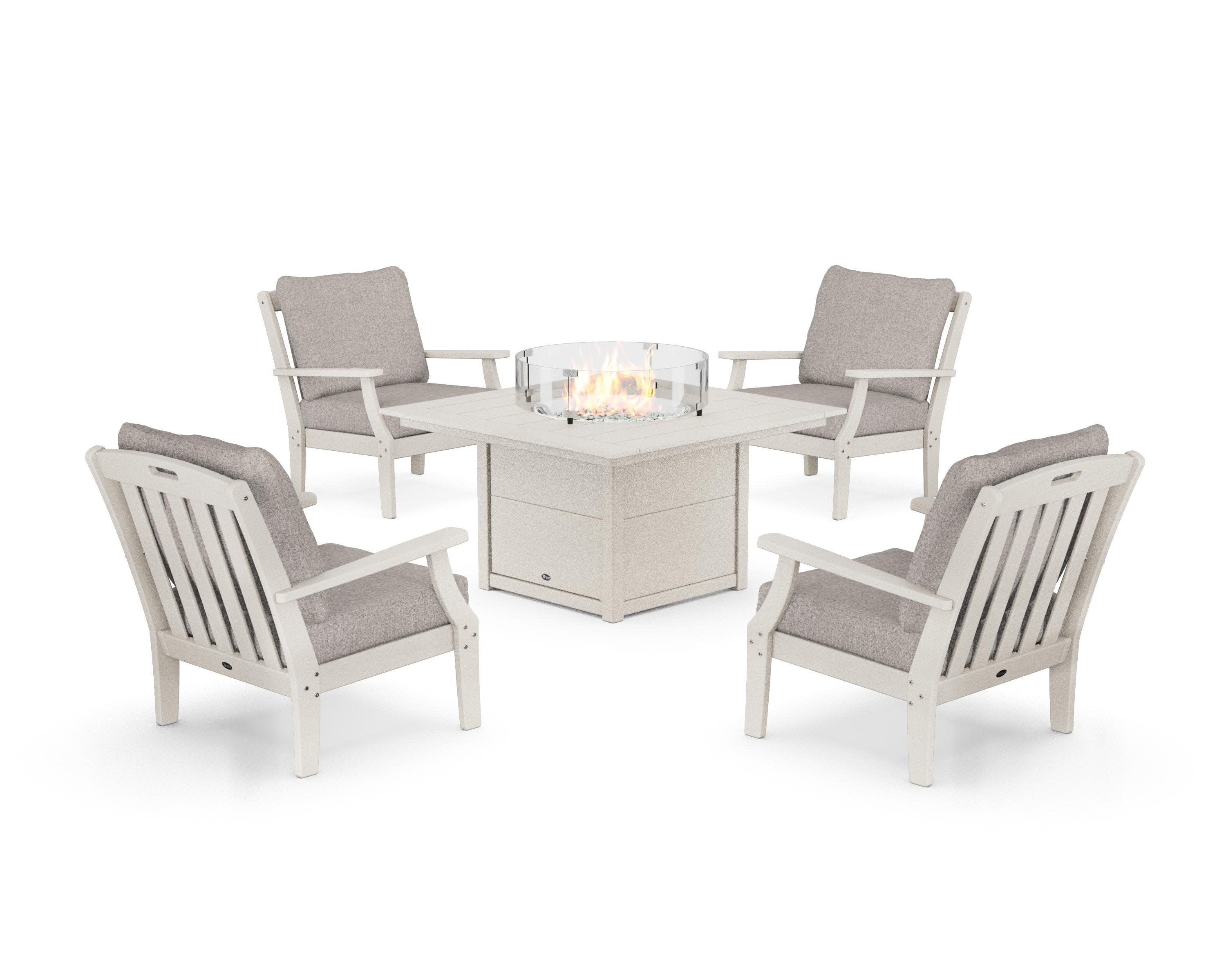 Yacht Club 5-Piece Deep Seating Set with Square Fire Pit Table in Sand Castle / Weathered Tweed