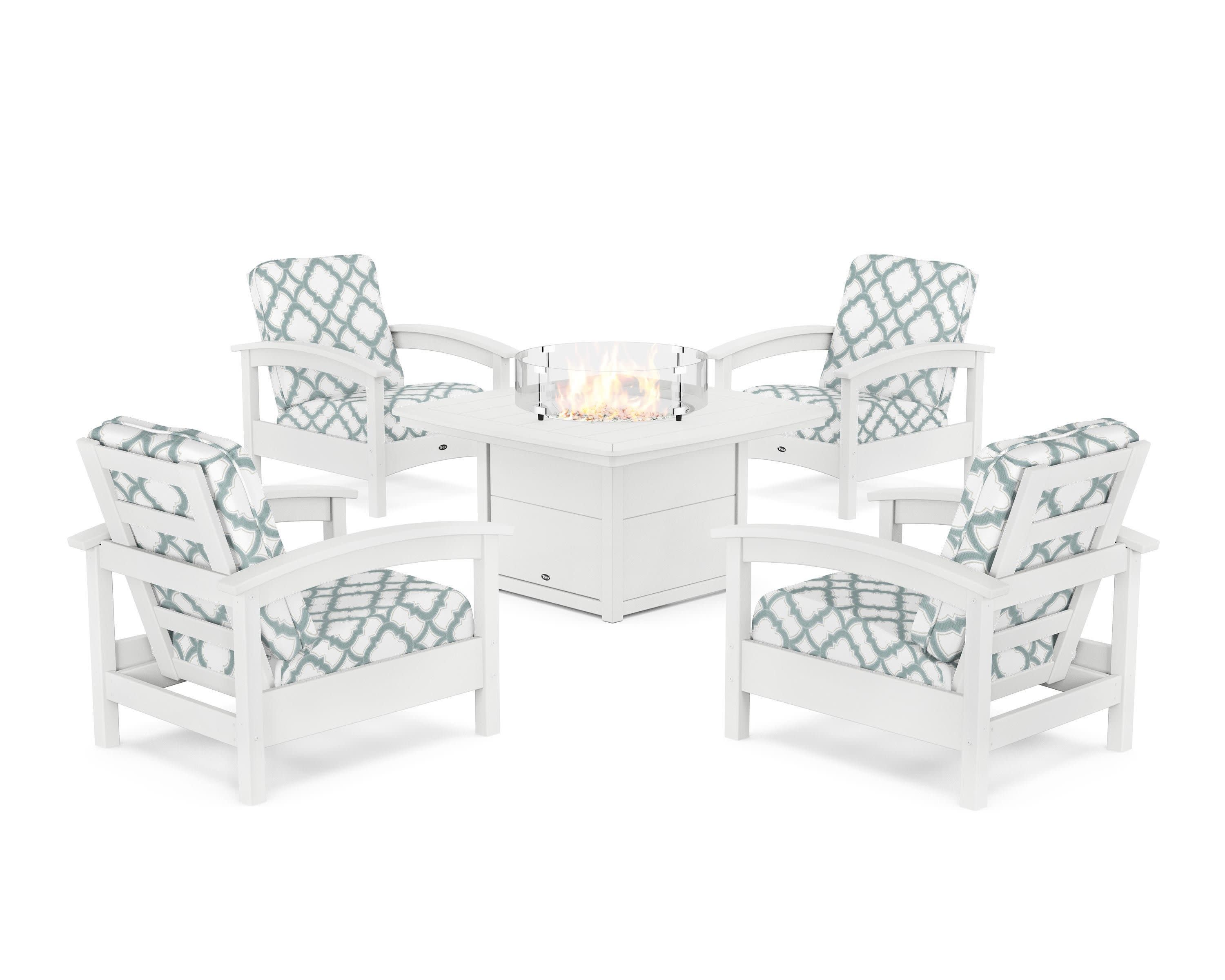 Rockport 5-Piece Deep Seating Set with Yacht Club Fire Pit Table in Classic White / Trellis Glacier Spa