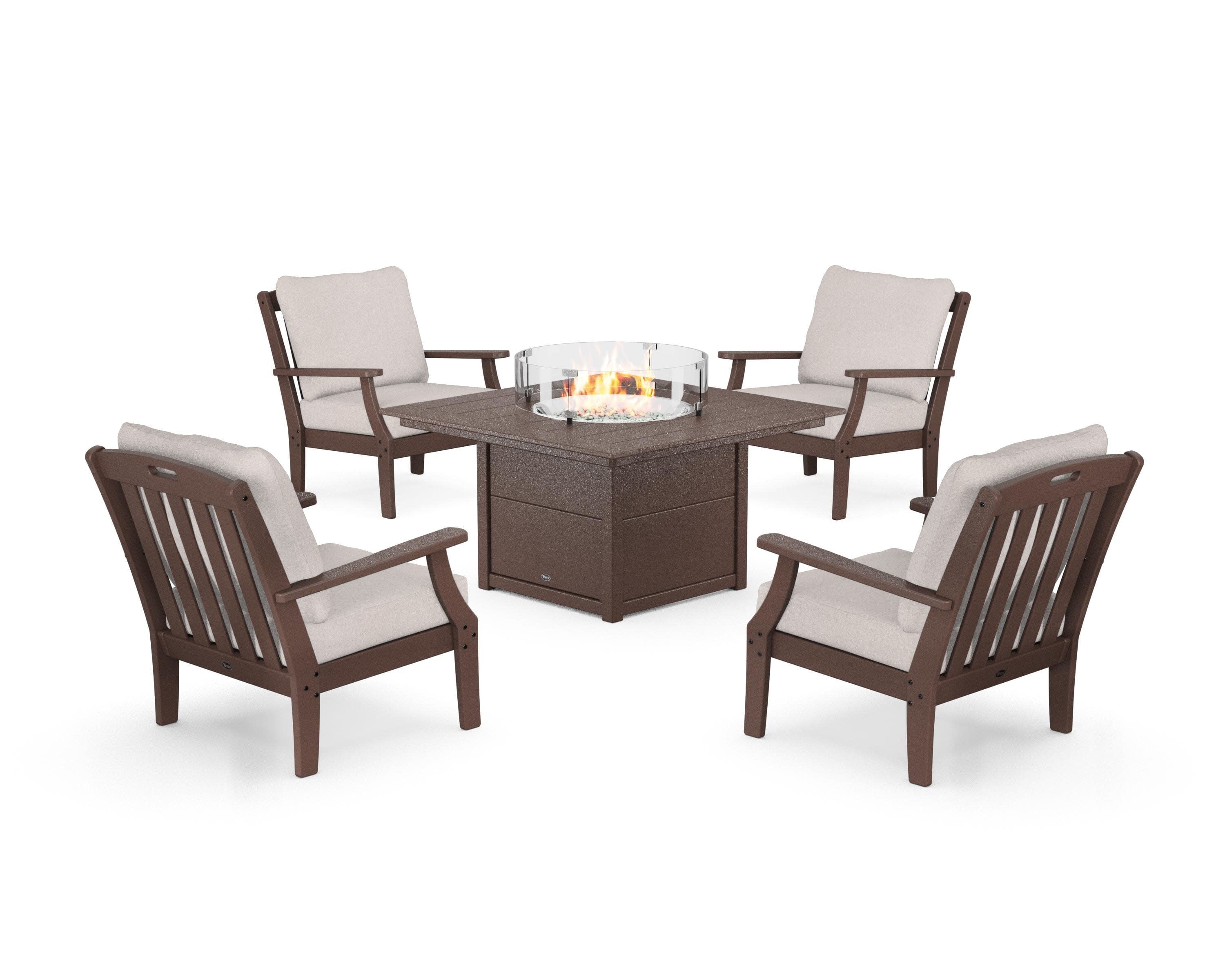 Yacht Club 5-Piece Deep Seating Set with Square Fire Pit Table in Vintage Lantern / Dune Burlap