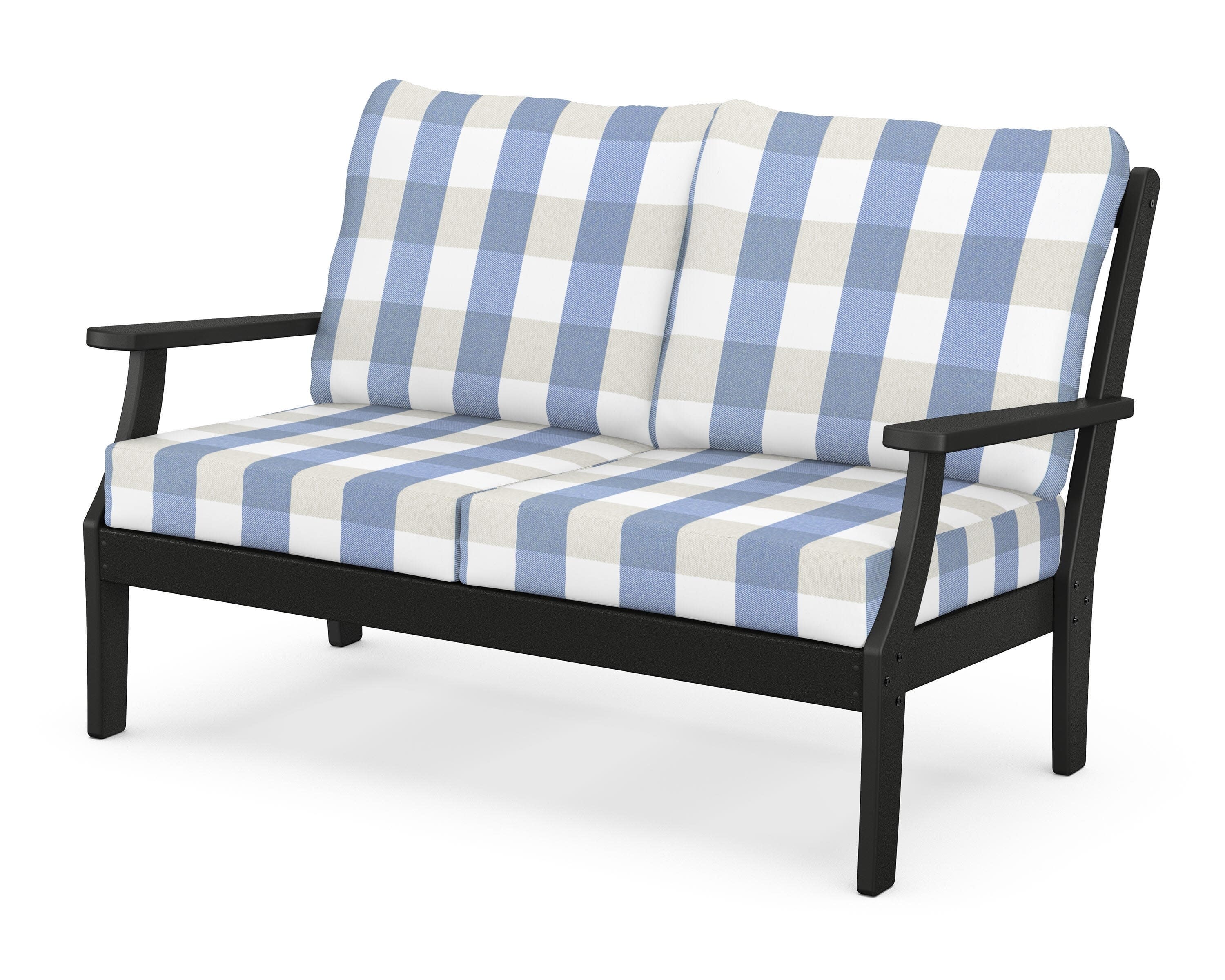 Yacht Club Deep Seating Loveseat in Charcoal Black / Buffalo Plaid Sky Blue
