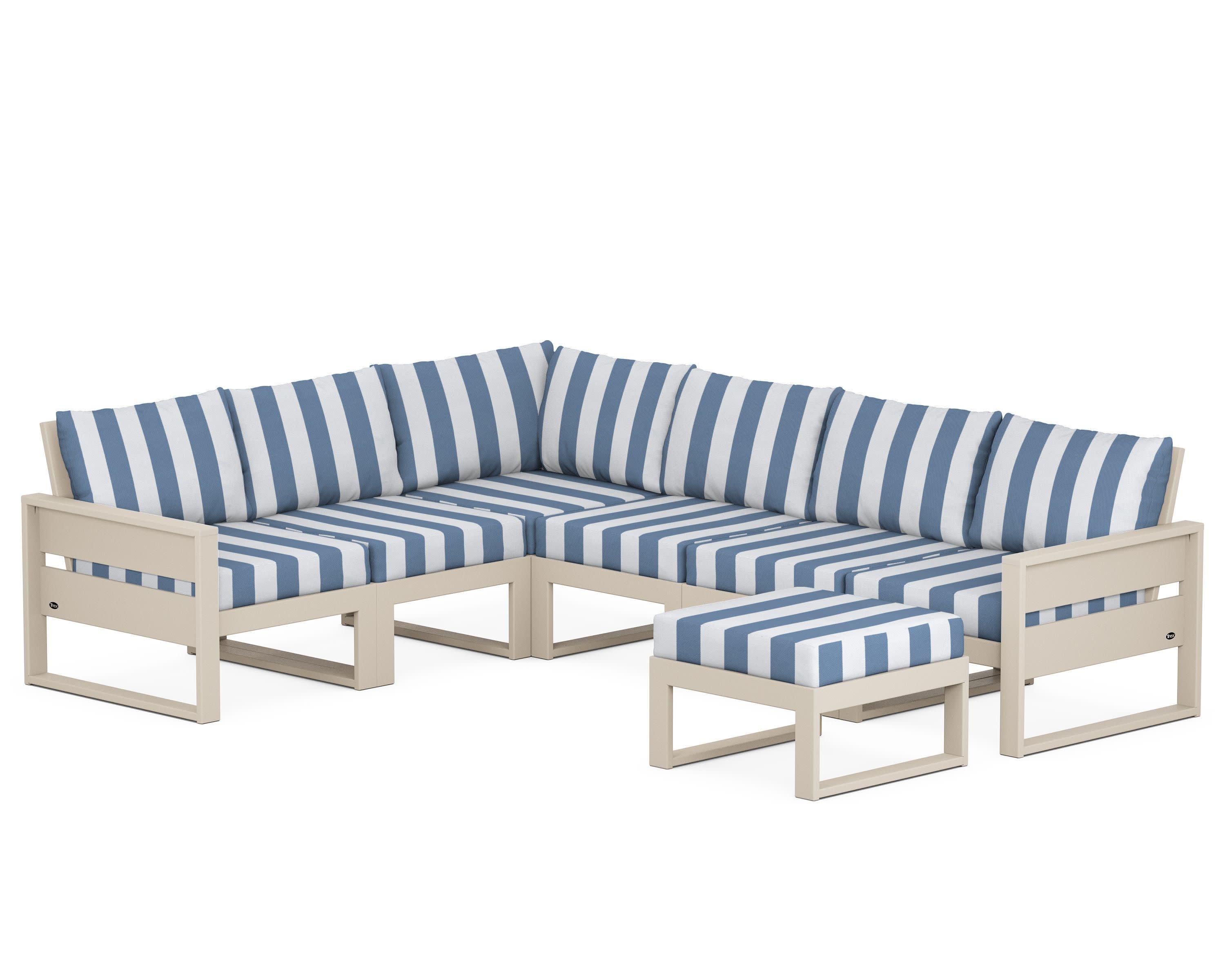 Eastport 6-Piece Sectional with Ottoman in Sand Castle / Cabana Stripe Sky Blue