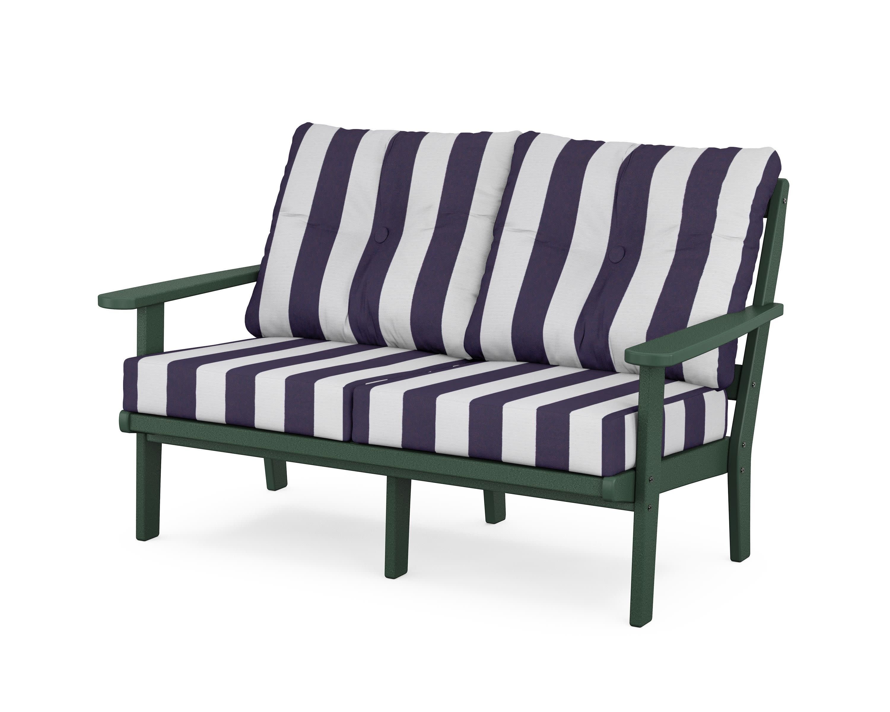 Cape Cod Deep Seating Loveseat in Rainforest Canopy / Cabana Stripe Navy