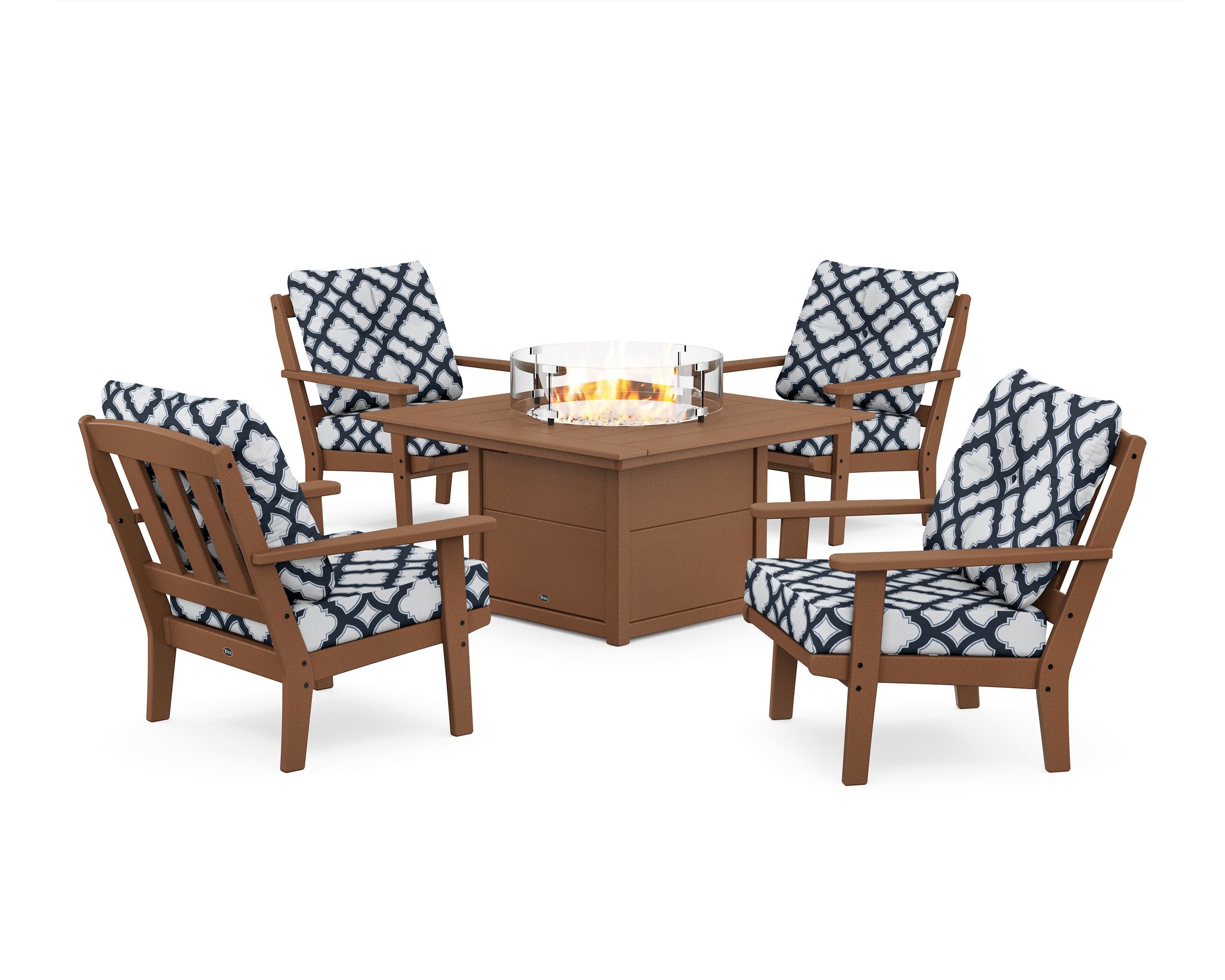Cape Cod 5-Piece Deep Seating Set with Fire Pit Table in Tree House / Trellis Marine Indigo