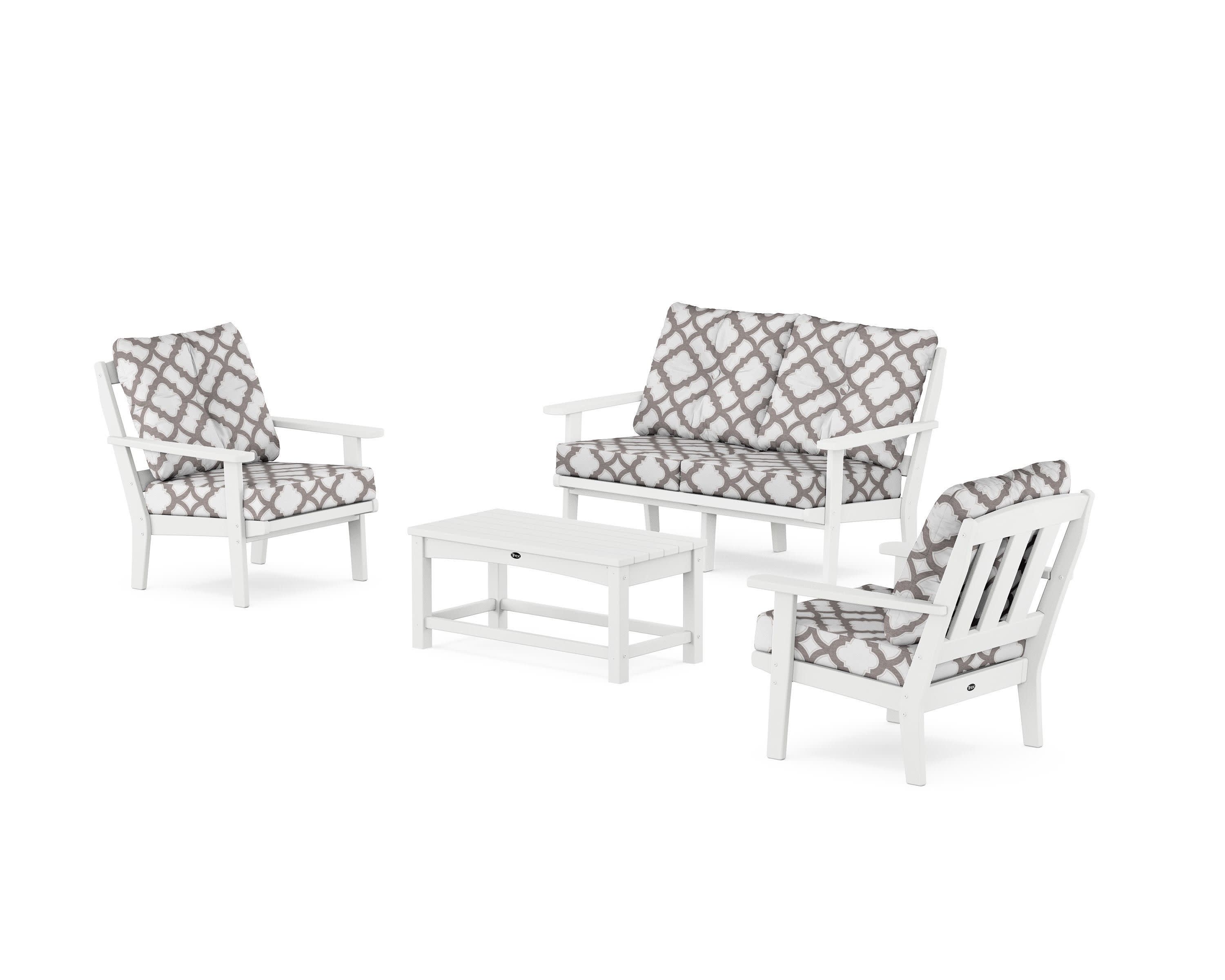 Cape Cod 4-Piece Deep Seating Set with Loveseat in Classic White / Trellis Grey Mist