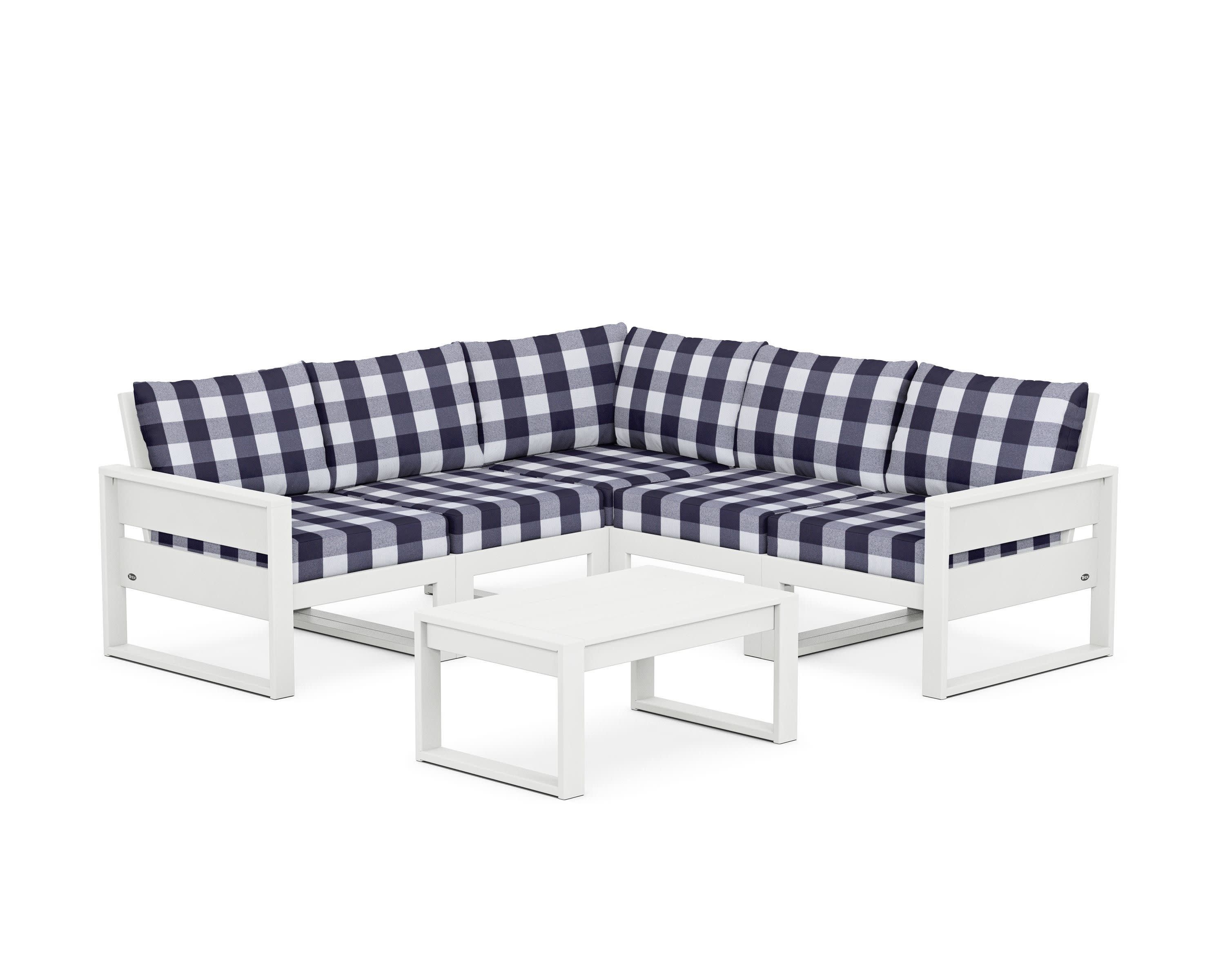 Eastport 6-Piece Deep Seating Sectional + Coffee Table Set in Classic White / Buffalo Plaid Navy