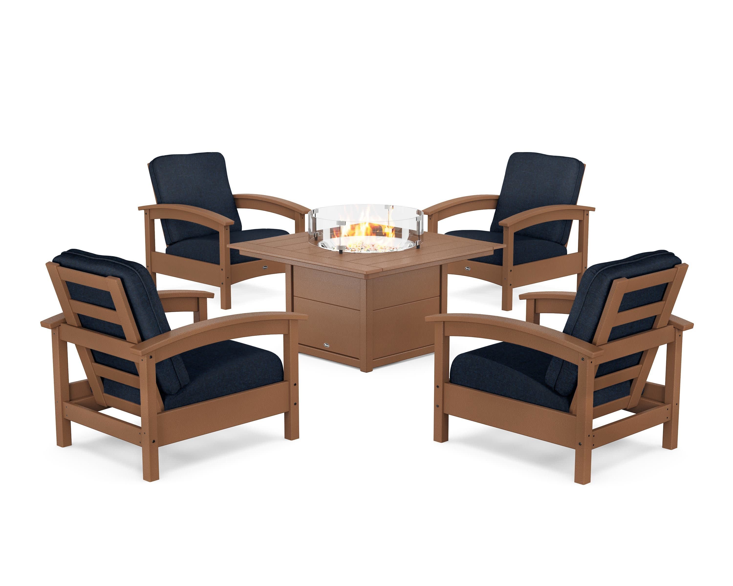 Rockport 5-Piece Deep Seating Set with Square Fire Pit Table in Tree House / Marine Indigo