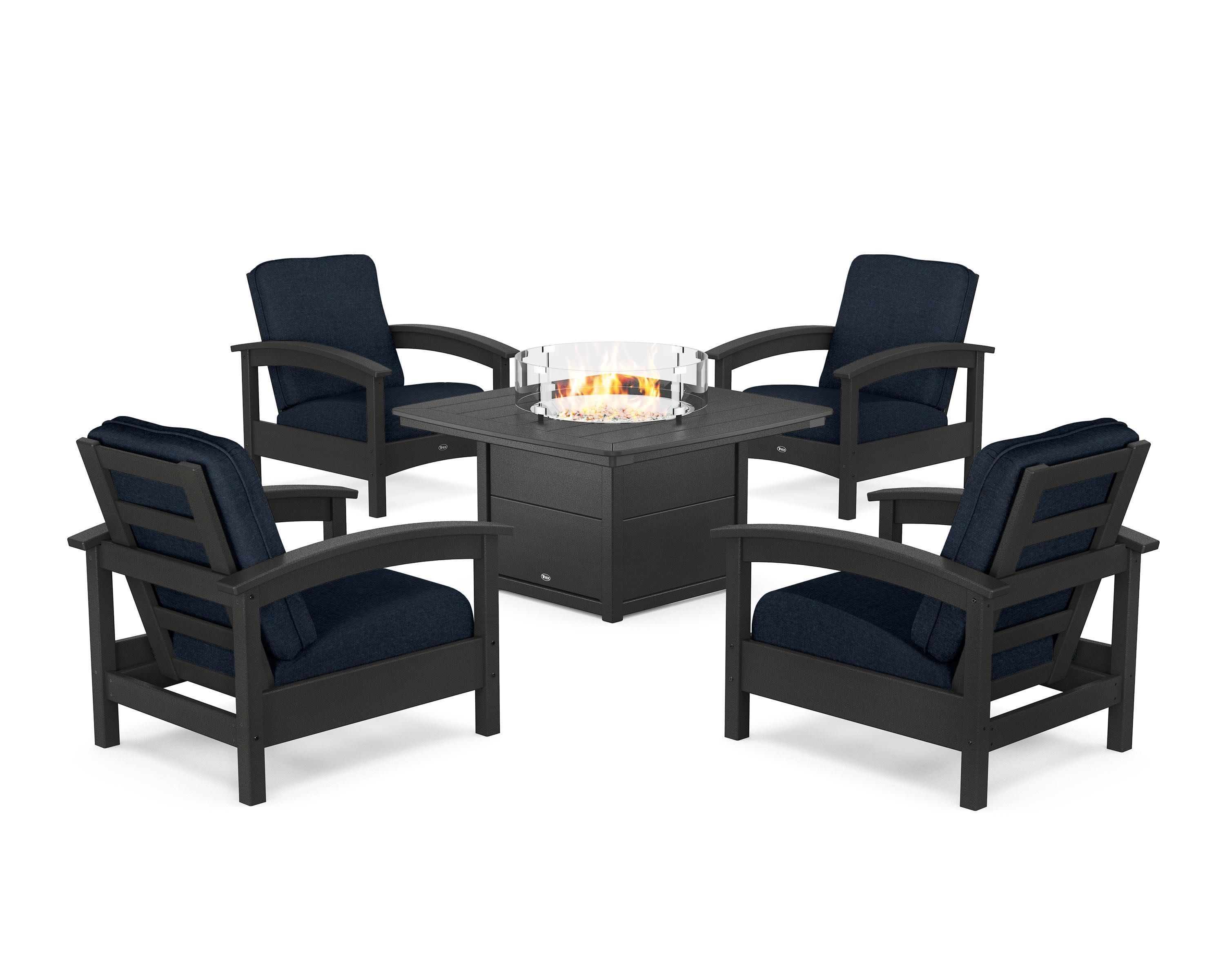 Rockport 5-Piece Deep Seating Set with Yacht Club Fire Pit Table in Charcoal Black / Marine Indigo