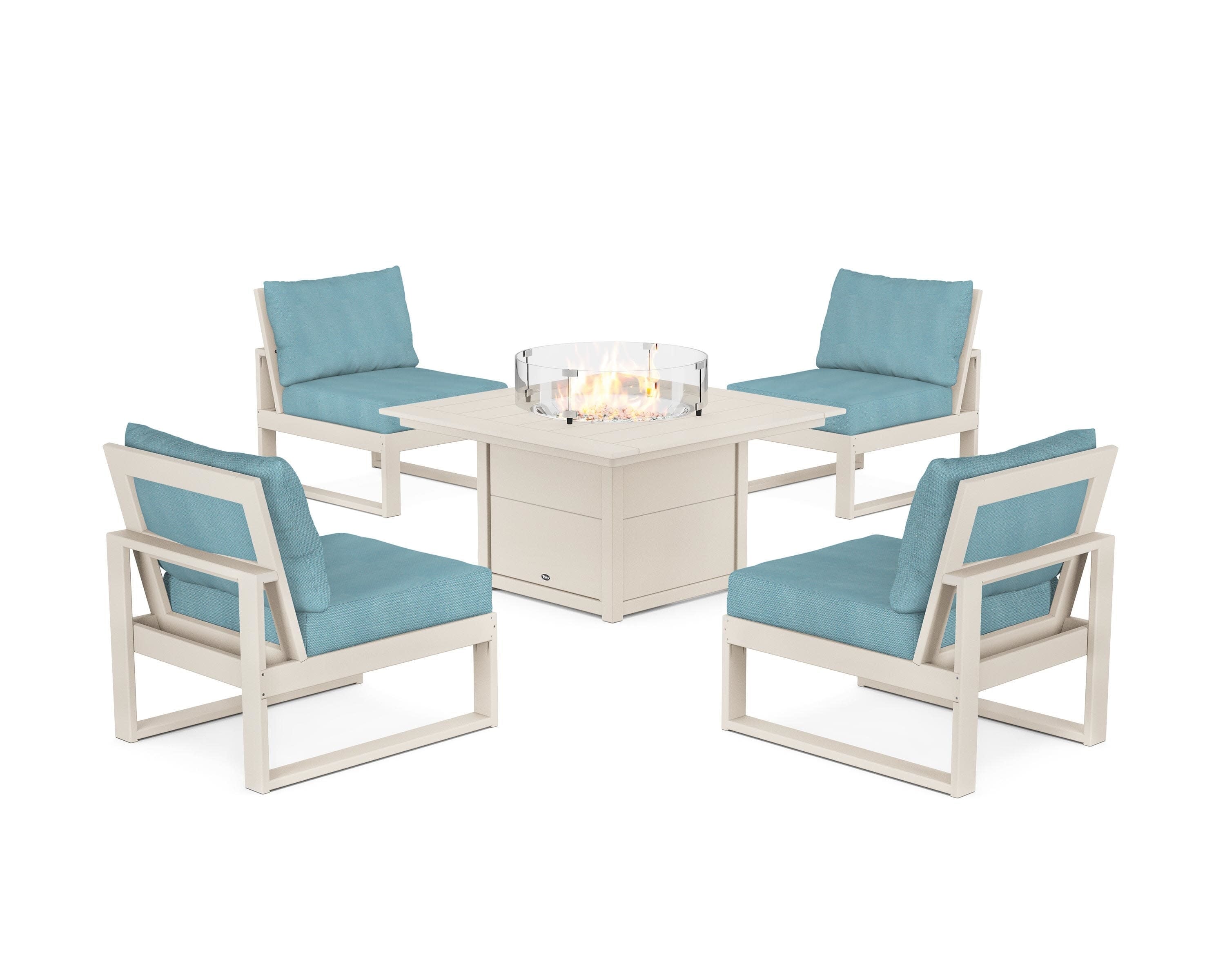 Eastport Modular 5-Piece Deep Seating Set with Square Fire Pit Table in Sand Castle / Lattice Sky Blue