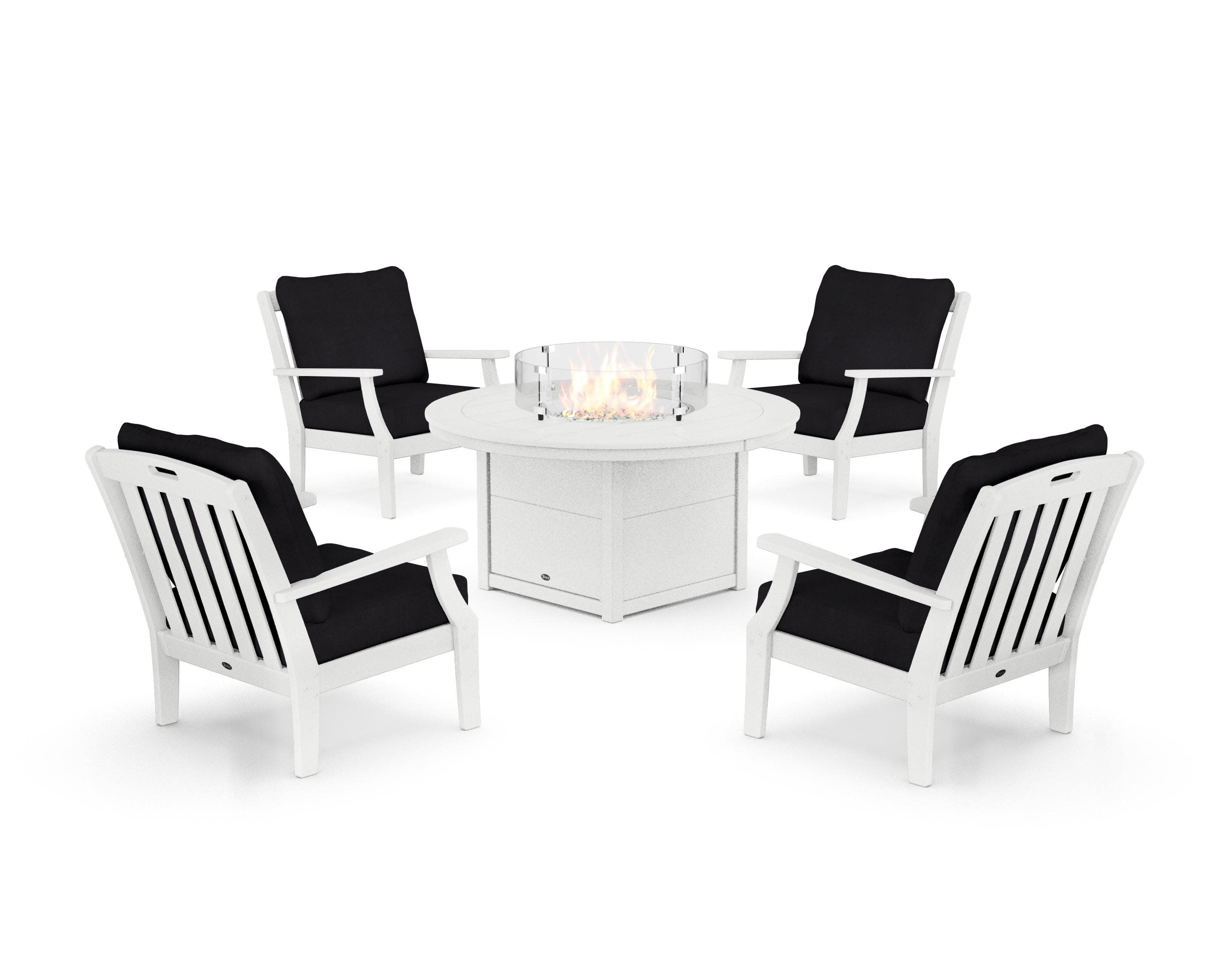 Yacht Club 5-Piece Deep Seating Set with Round Fire Pit Table in Classic White / Midnight Linen