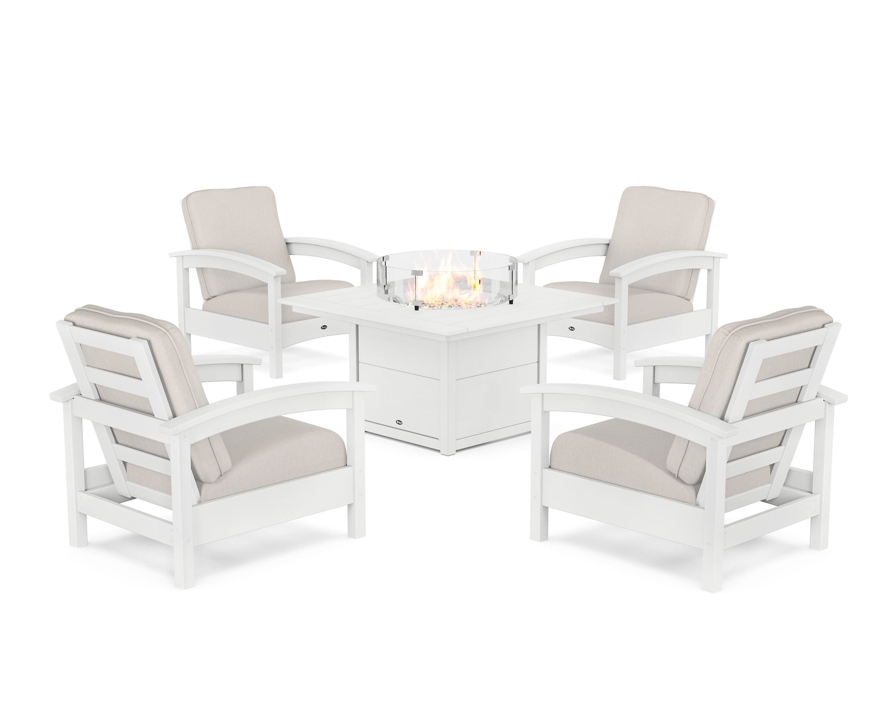 Rockport 5-Piece Deep Seating Set with Square Fire Pit Table in Classic White / Cast Ash