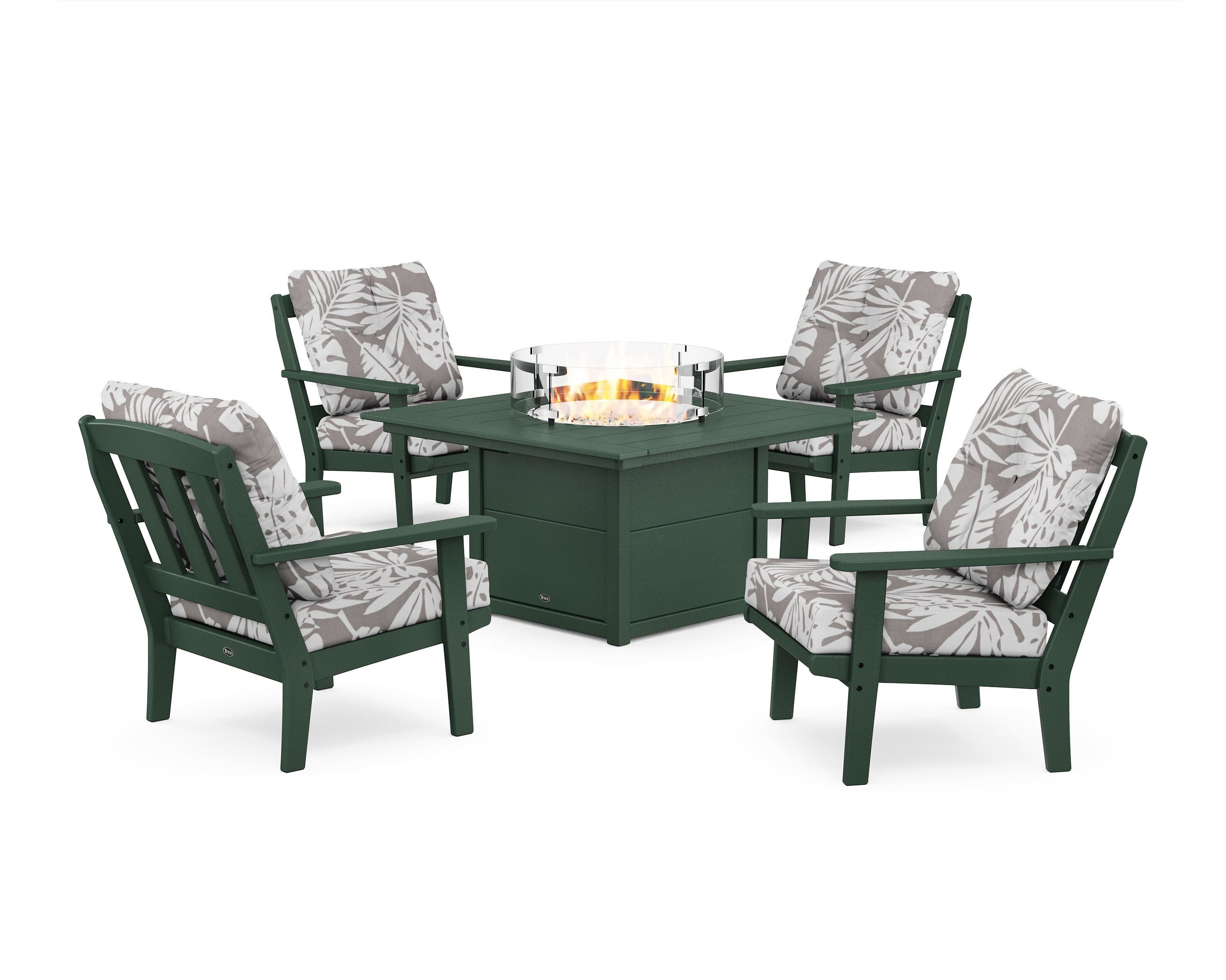 Cape Cod 5-Piece Deep Seating Set with Fire Pit Table in Rainforest Canopy / Leaf Grey Mist
