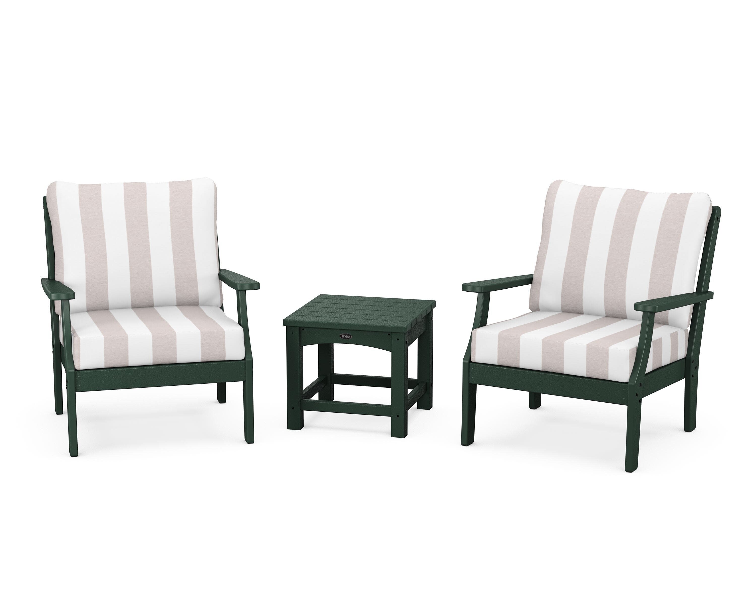 Yacht Club 3-Piece Deep Seating Set in Rainforest Canopy / Cabana Stripe Dune Burlap
