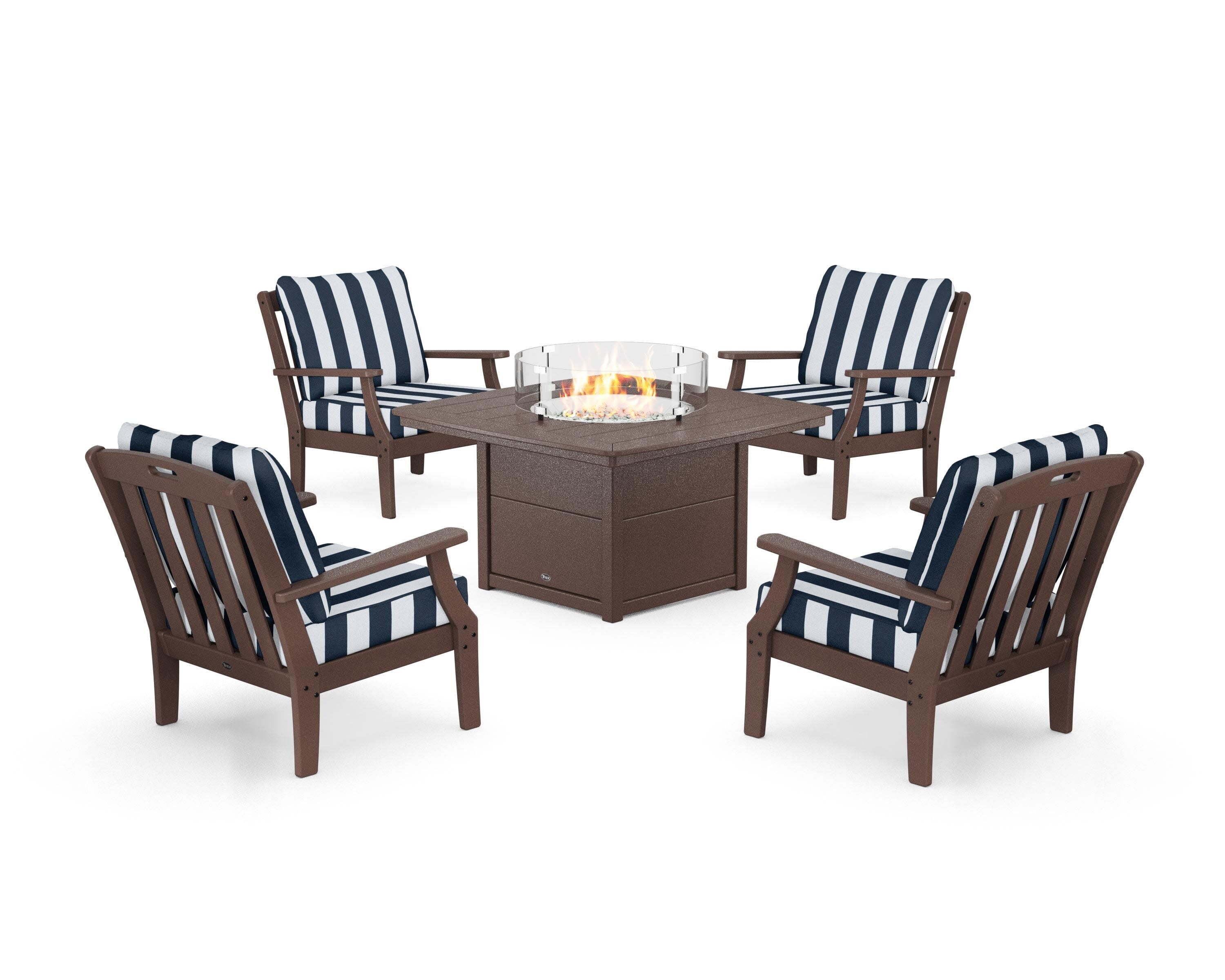 Yacht Club 5-Piece Deep Seating Set with Fire Pit Table in Vintage Lantern / Cabana Stripe Marine Indigo