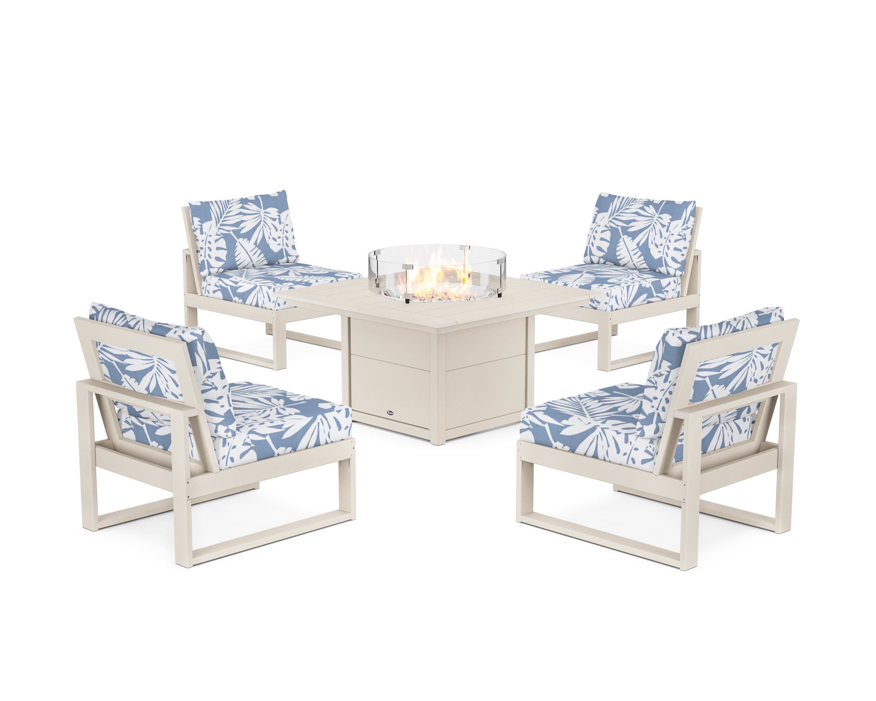 Eastport Modular 5-Piece Deep Seating Set with Square Fire Pit Table in Sand Castle / Leaf Sky Blue