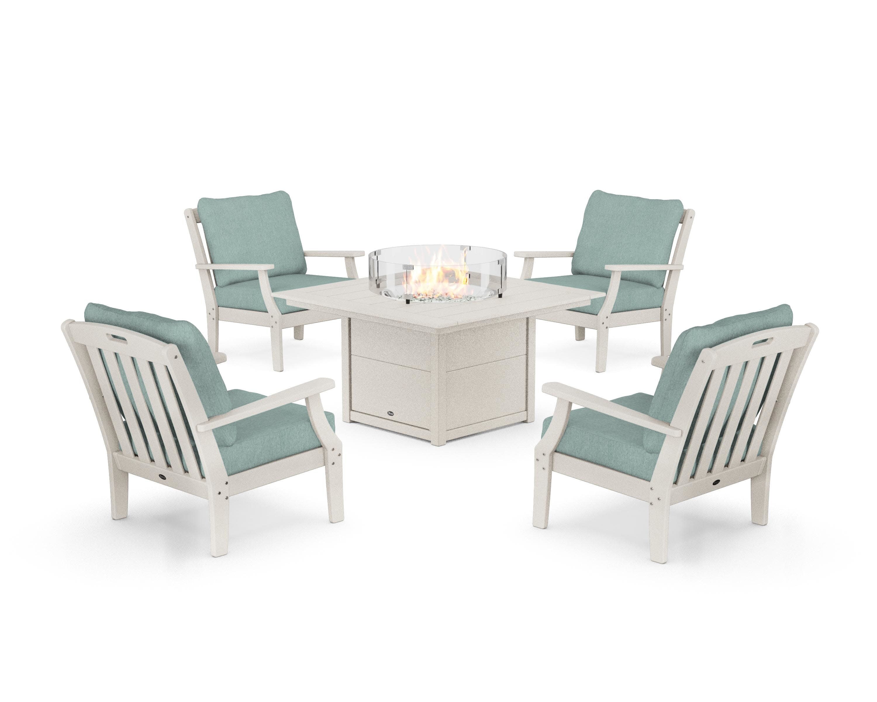 Yacht Club 5-Piece Deep Seating Set with Square Fire Pit Table in Sand Castle / Glacier Spa