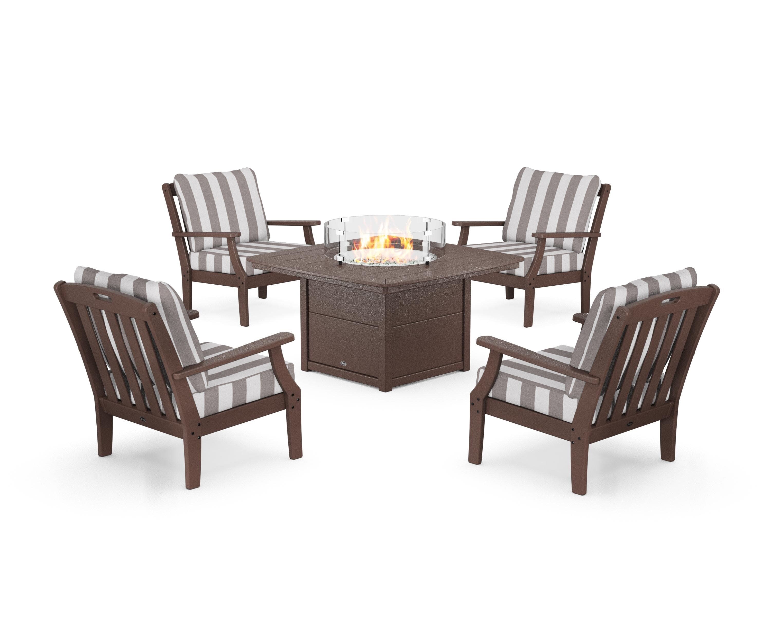 Yacht Club 5-Piece Deep Seating Set with Fire Pit Table in Vintage Lantern / Cabana Stripe Grey Mist