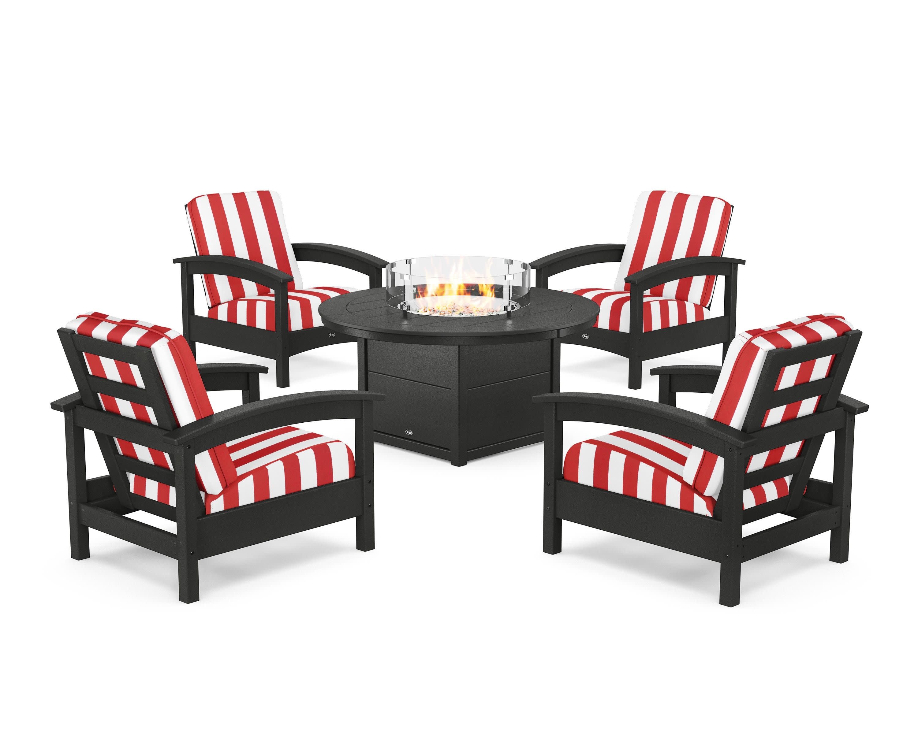 Rockport 5-Piece Deep Seating Set with Round Fire Pit Table in Charcoal Black / Cabana Stripe Crimson