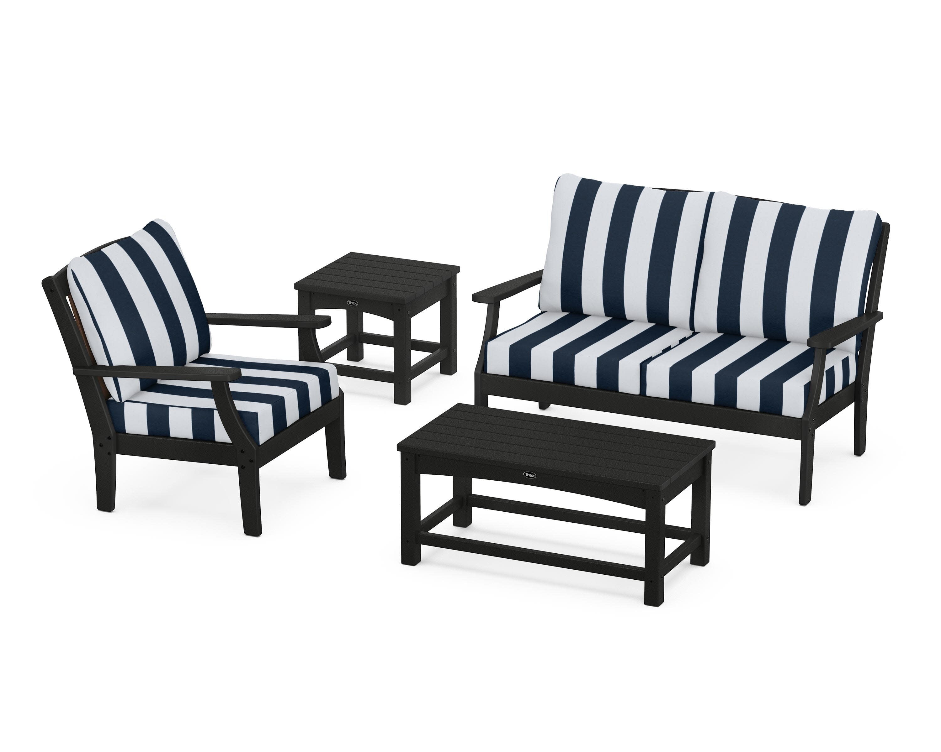 Yacht Club 4-Piece Deep Seating Set in Charcoal Black / Cabana Stripe Marine Indigo
