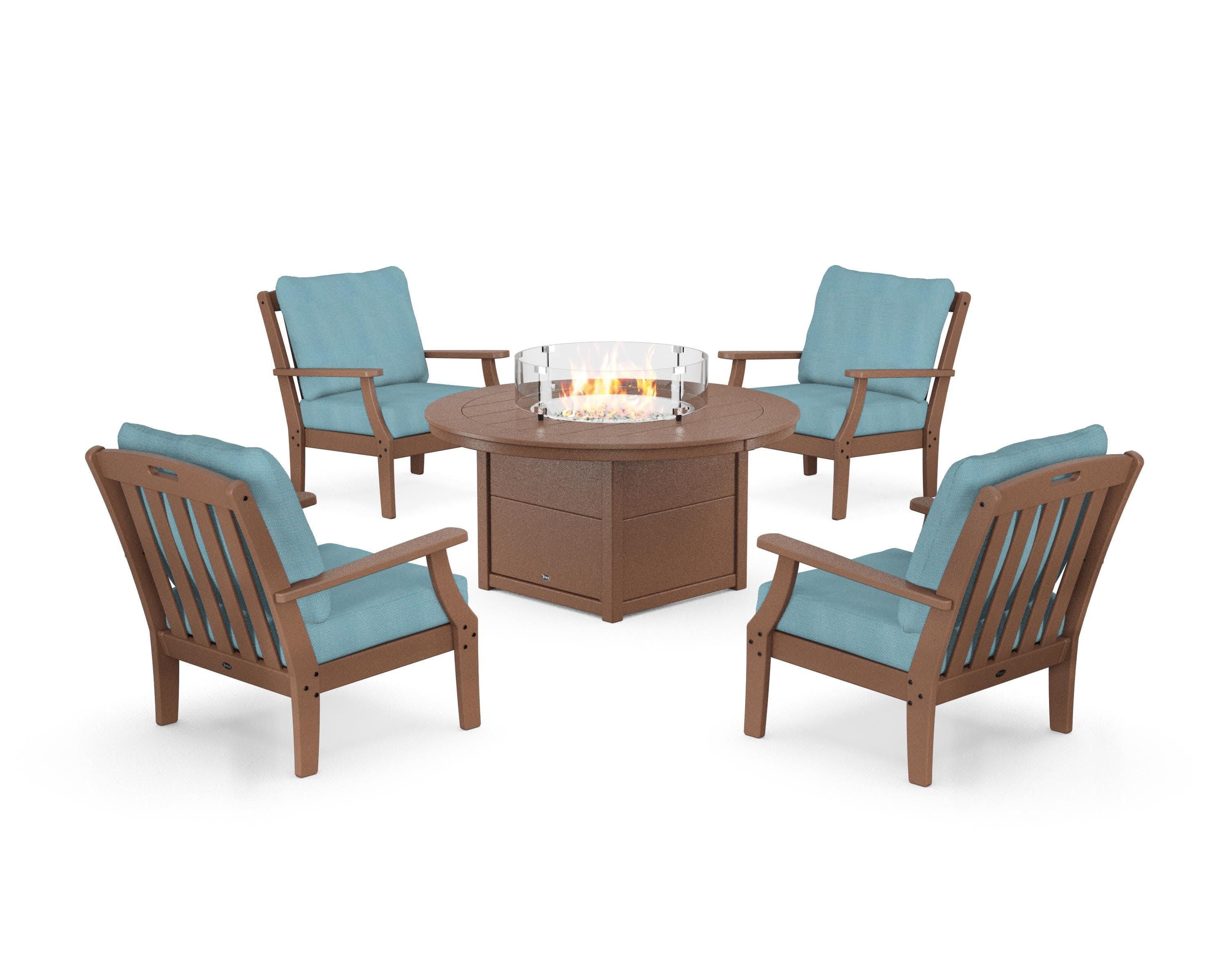 Yacht Club 5-Piece Deep Seating Set with Round Fire Pit Table in Tree House / Lattice Sky Blue