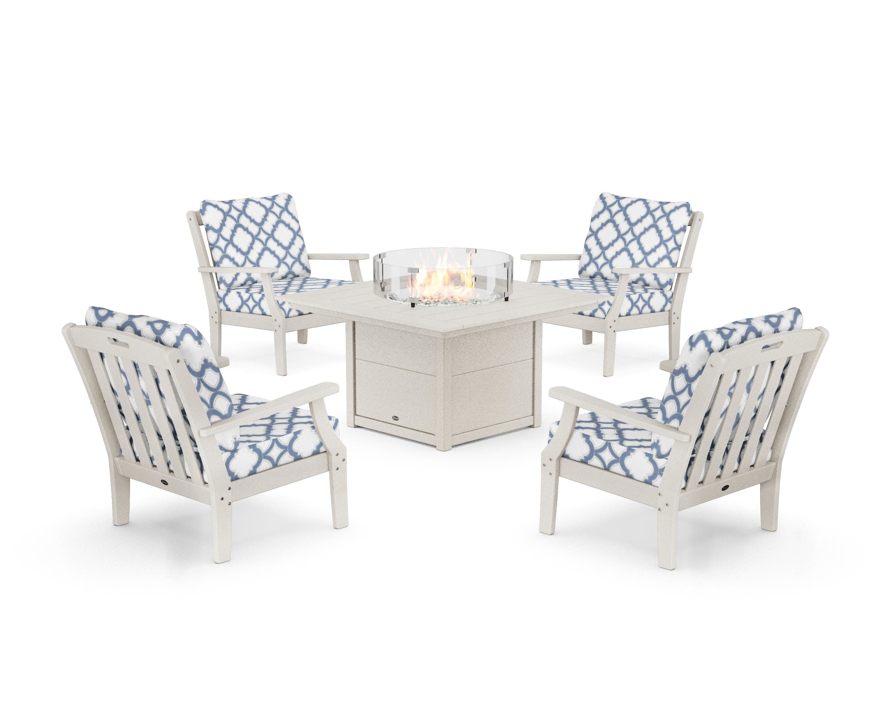 Yacht Club 5-Piece Deep Seating Set with Square Fire Pit Table in Sand Castle / Trellis Sky Blue