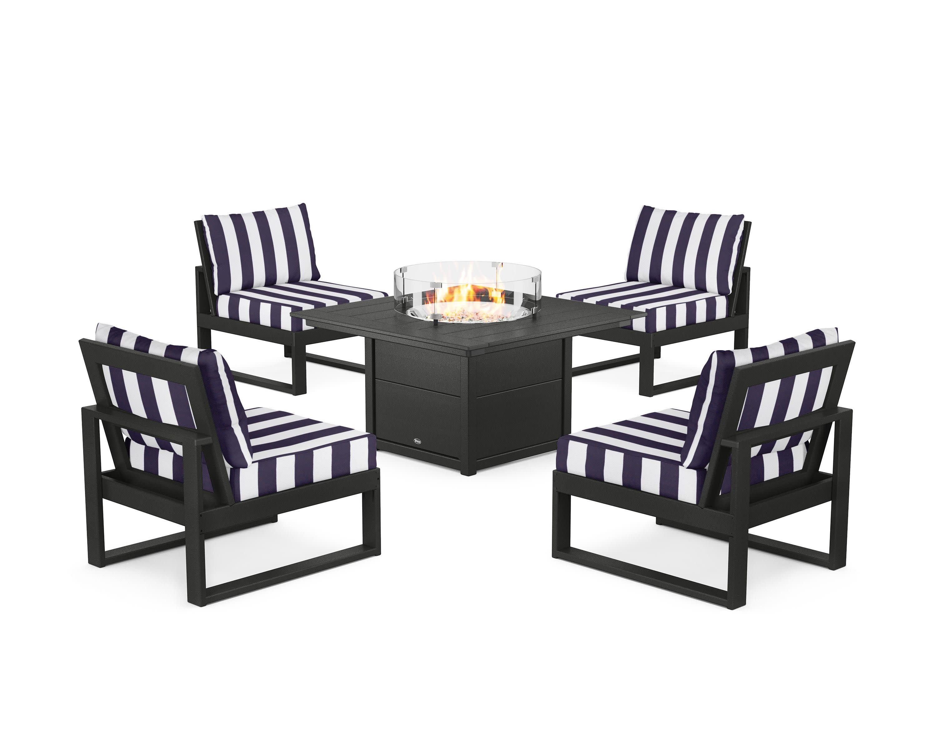 Eastport Modular 5-Piece Deep Seating Set with Square Fire Pit Table in Charcoal Black / Cabana Stripe Navy