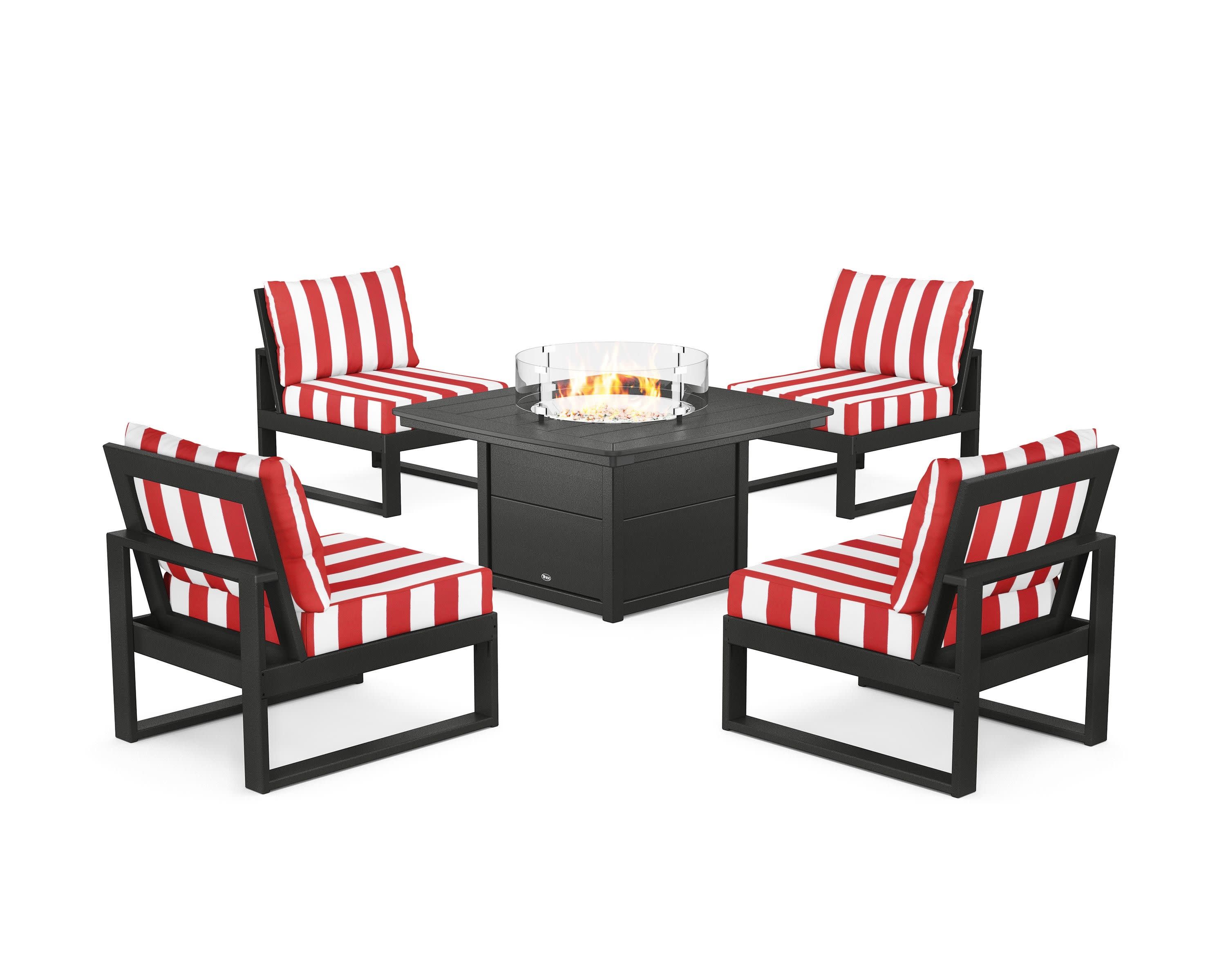 Eastport Modular 5-Piece Deep Seating Set with Yacht Club Fire Pit Table in Charcoal Black / Cabana Stripe Crimson