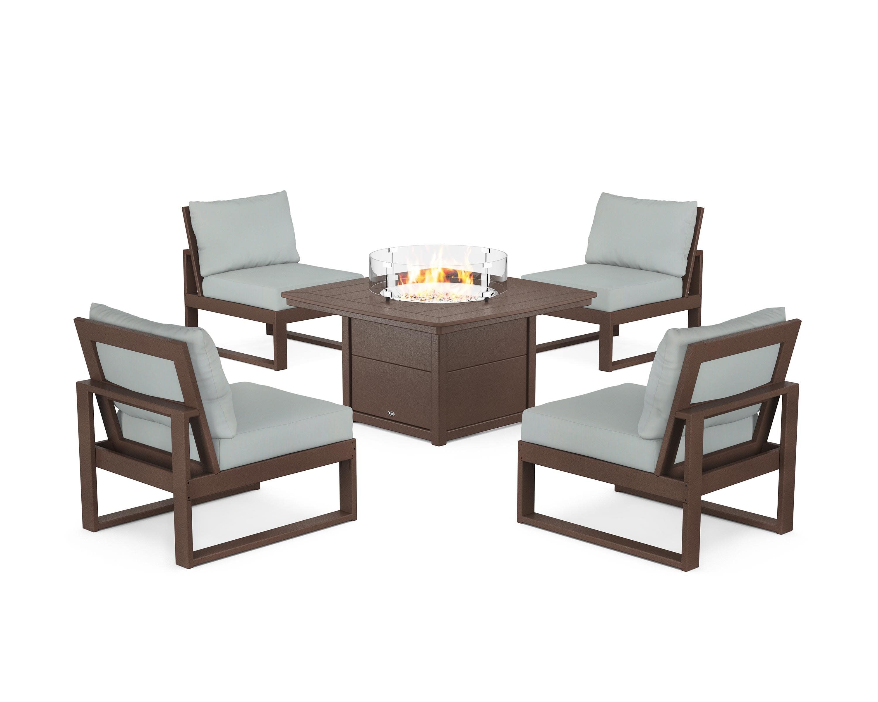 Eastport Modular 5-Piece Deep Seating Set with Yacht Club Fire Pit Table in Vintage Lantern / Spa