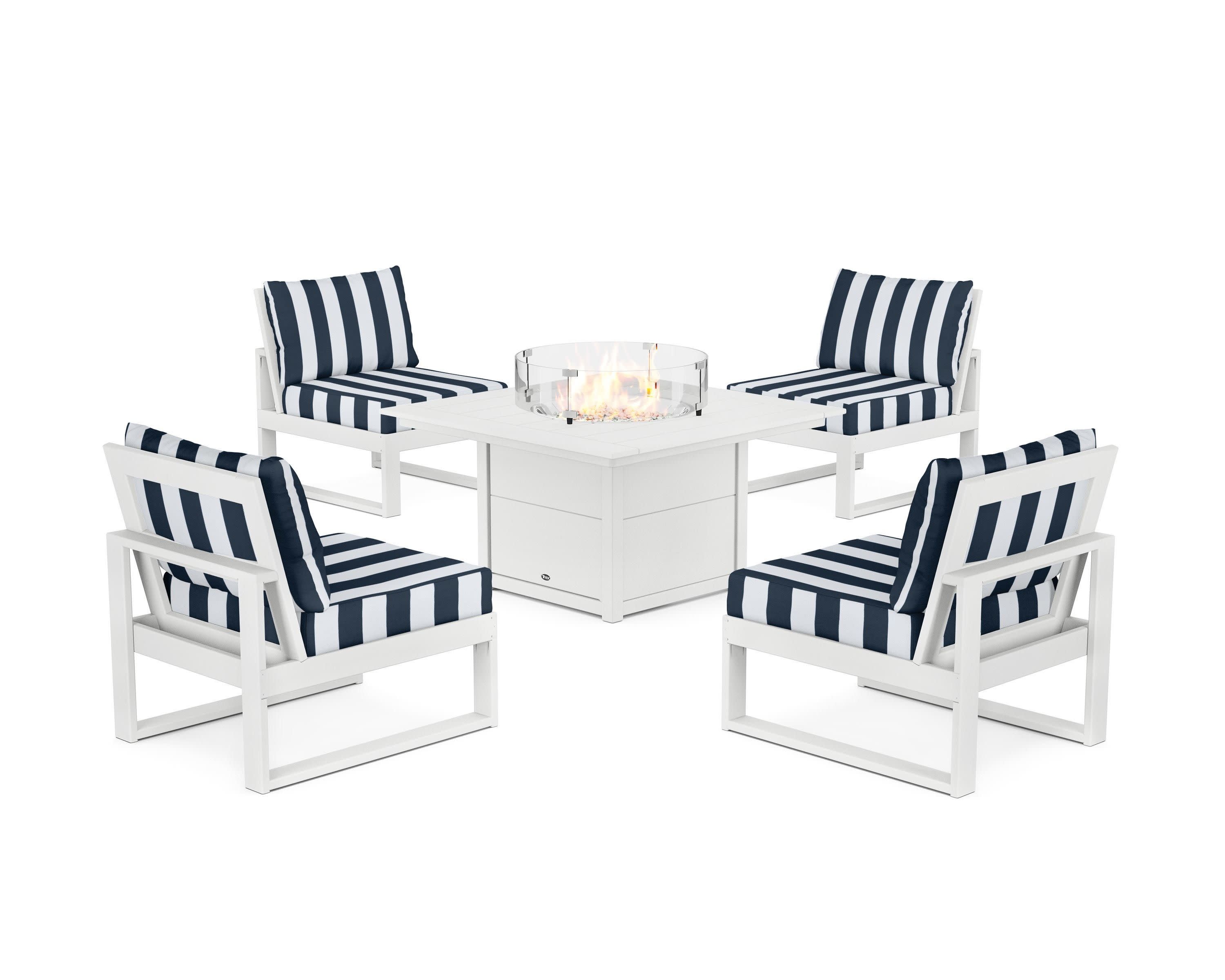 Eastport Modular 5-Piece Deep Seating Set with Square Fire Pit Table in Classic White / Cabana Stripe Marine Indigo