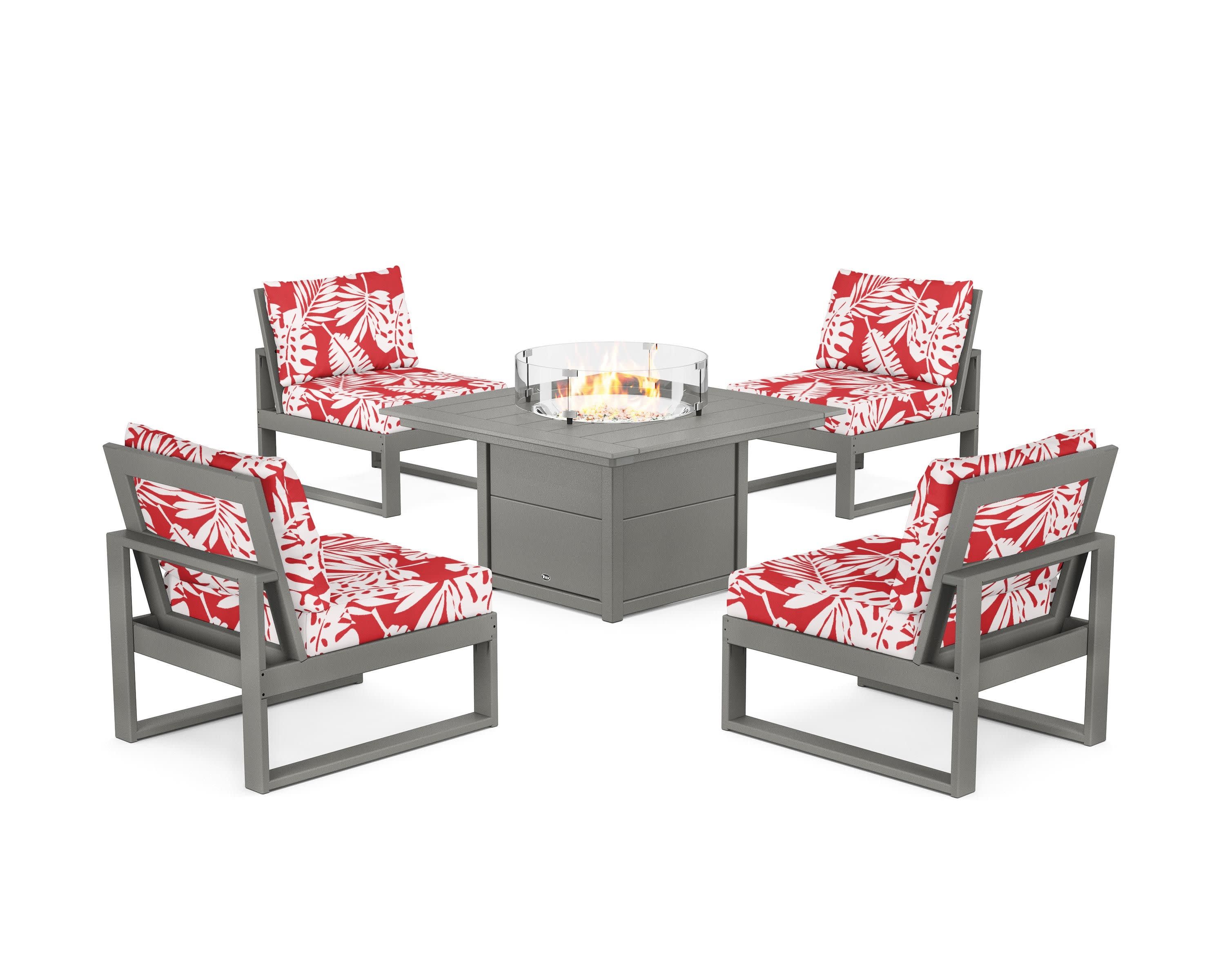 Eastport Modular 5-Piece Deep Seating Set with Square Fire Pit Table in Stepping Stone / Leaf Crimson
