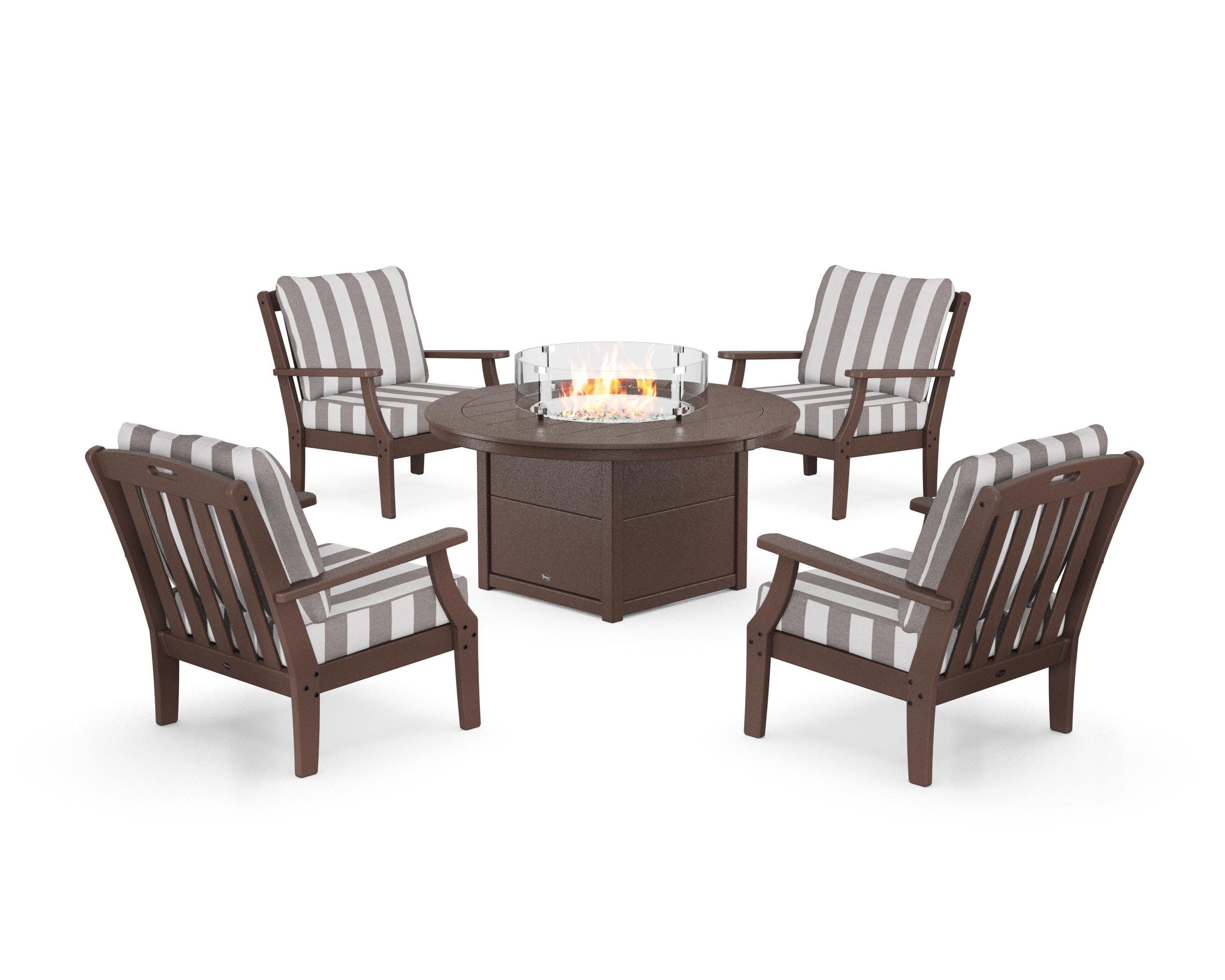 Yacht Club 5-Piece Deep Seating Set with Round Fire Pit Table in Vintage Lantern / Cabana Stripe Grey Mist