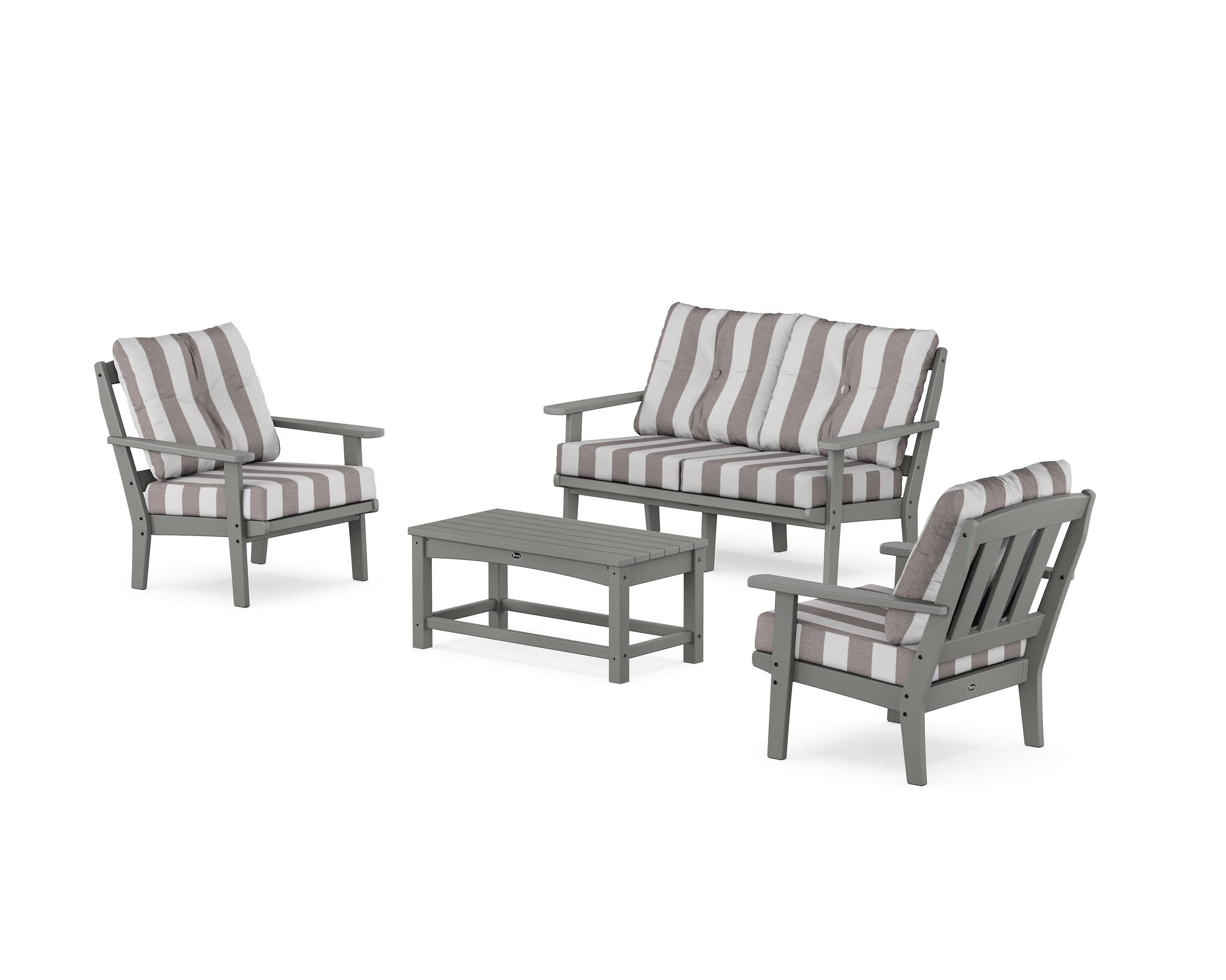 Cape Cod 4-Piece Deep Seating Set with Loveseat in Stepping Stone / Cabana Stripe Grey Mist