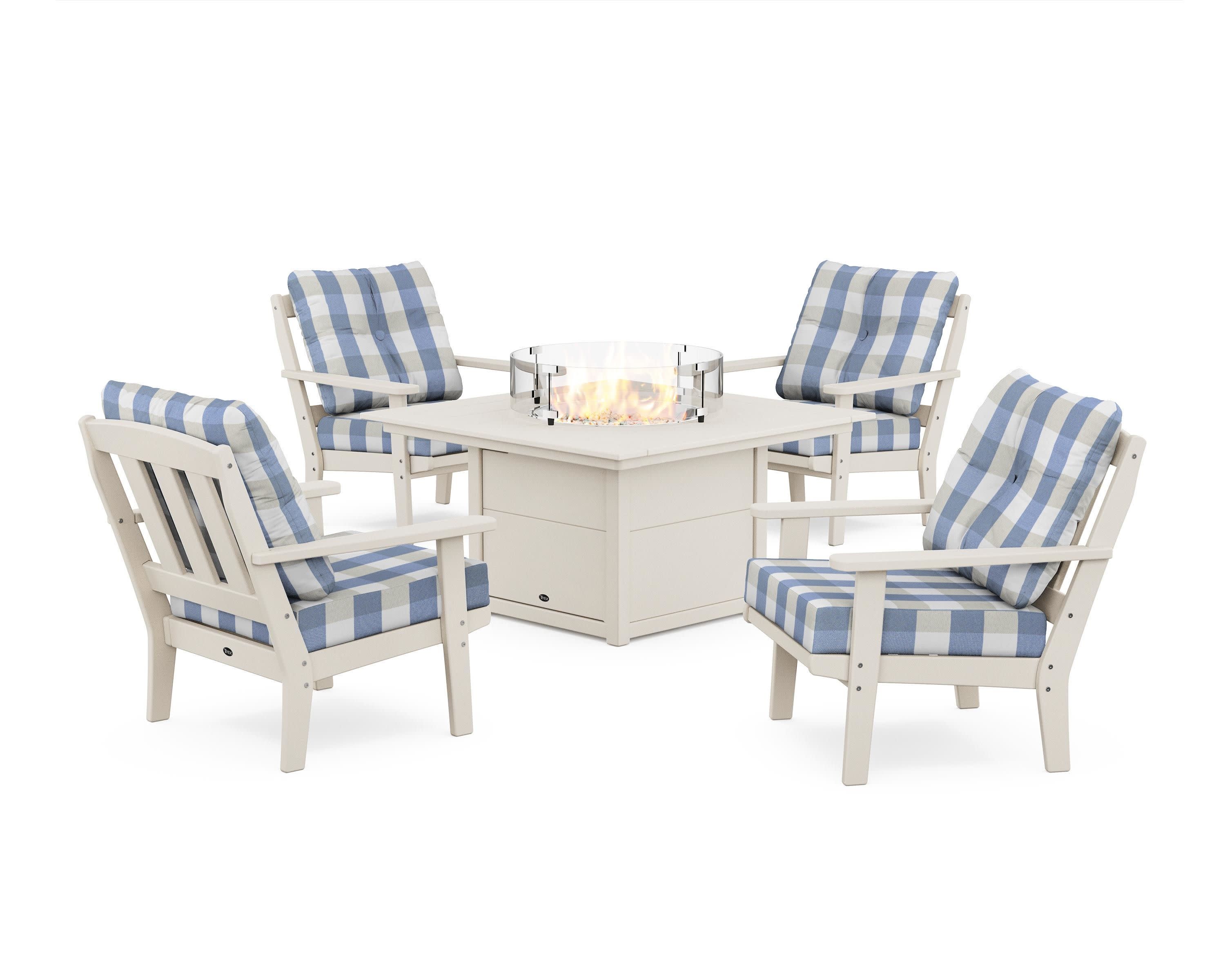 Cape Cod 5-Piece Deep Seating Set with Fire Pit Table in Sand Castle / Buffalo Plaid Sky Blue
