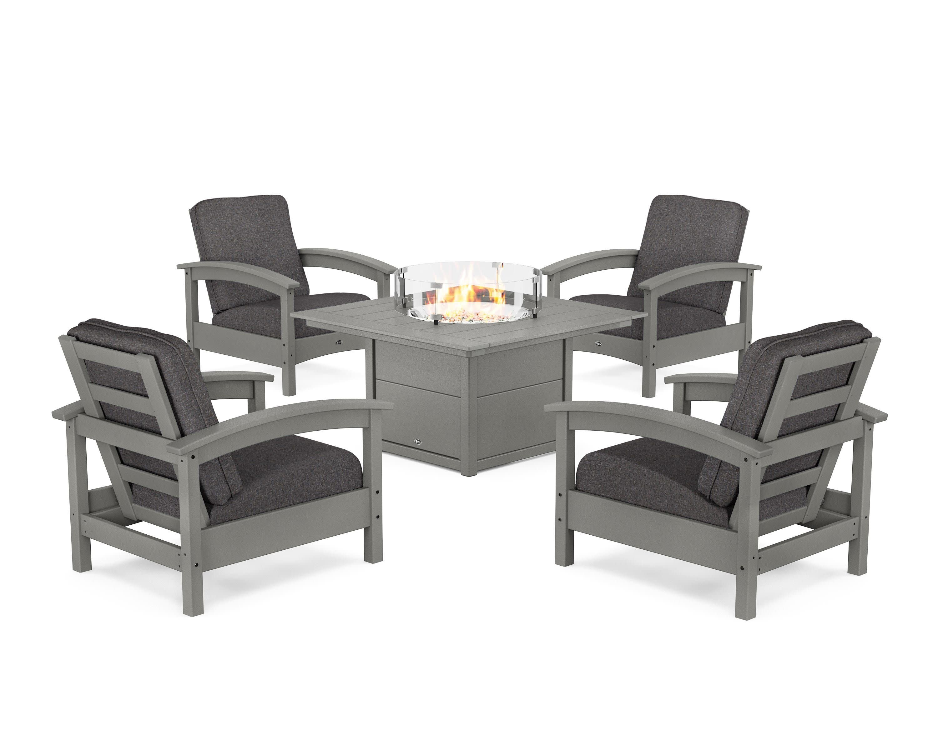 Rockport 5-Piece Deep Seating Set with Square Fire Pit Table in Stepping Stone / Ash Charcoal
