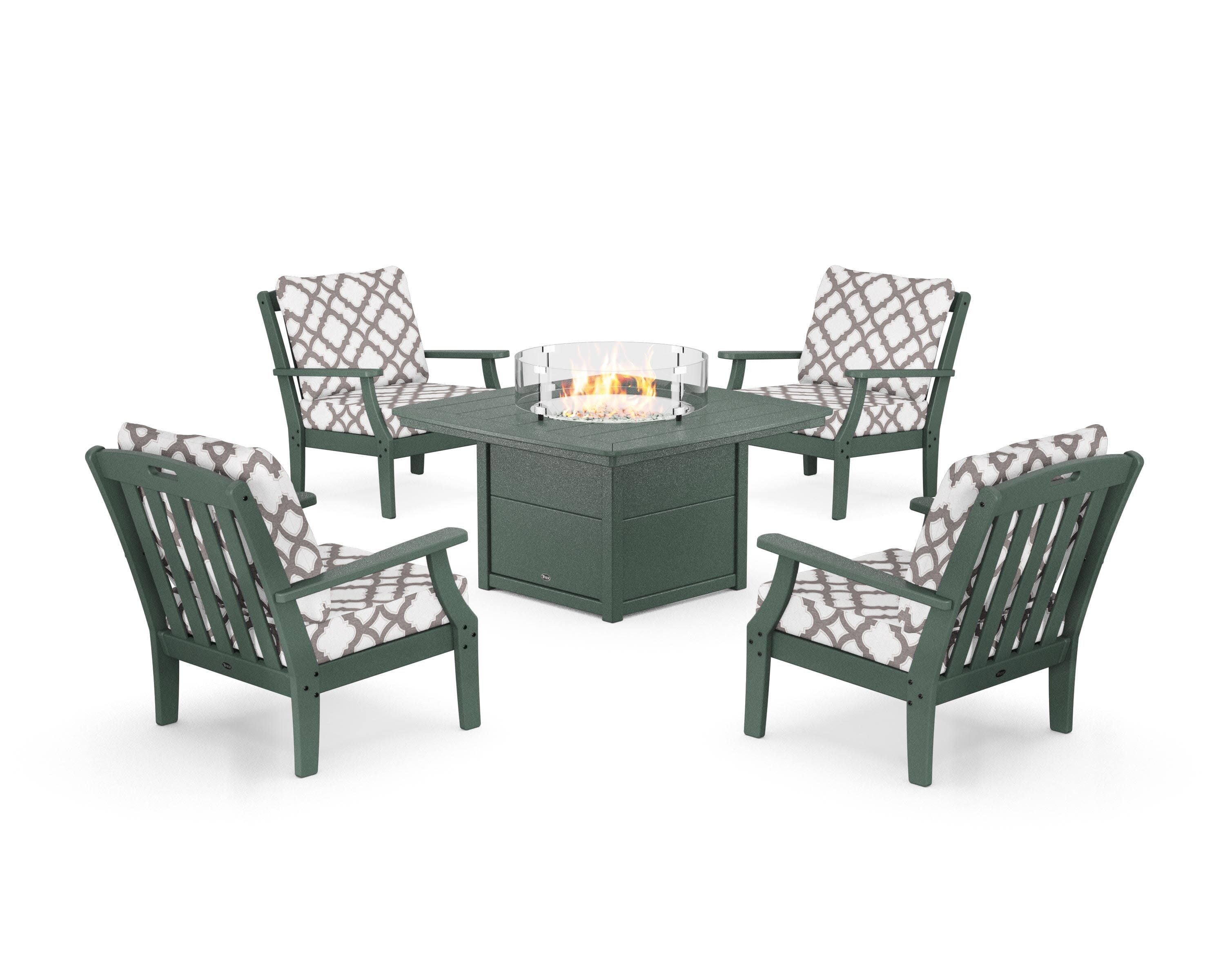 Yacht Club 5-Piece Deep Seating Set with Fire Pit Table in Rainforest Canopy / Trellis Grey Mist
