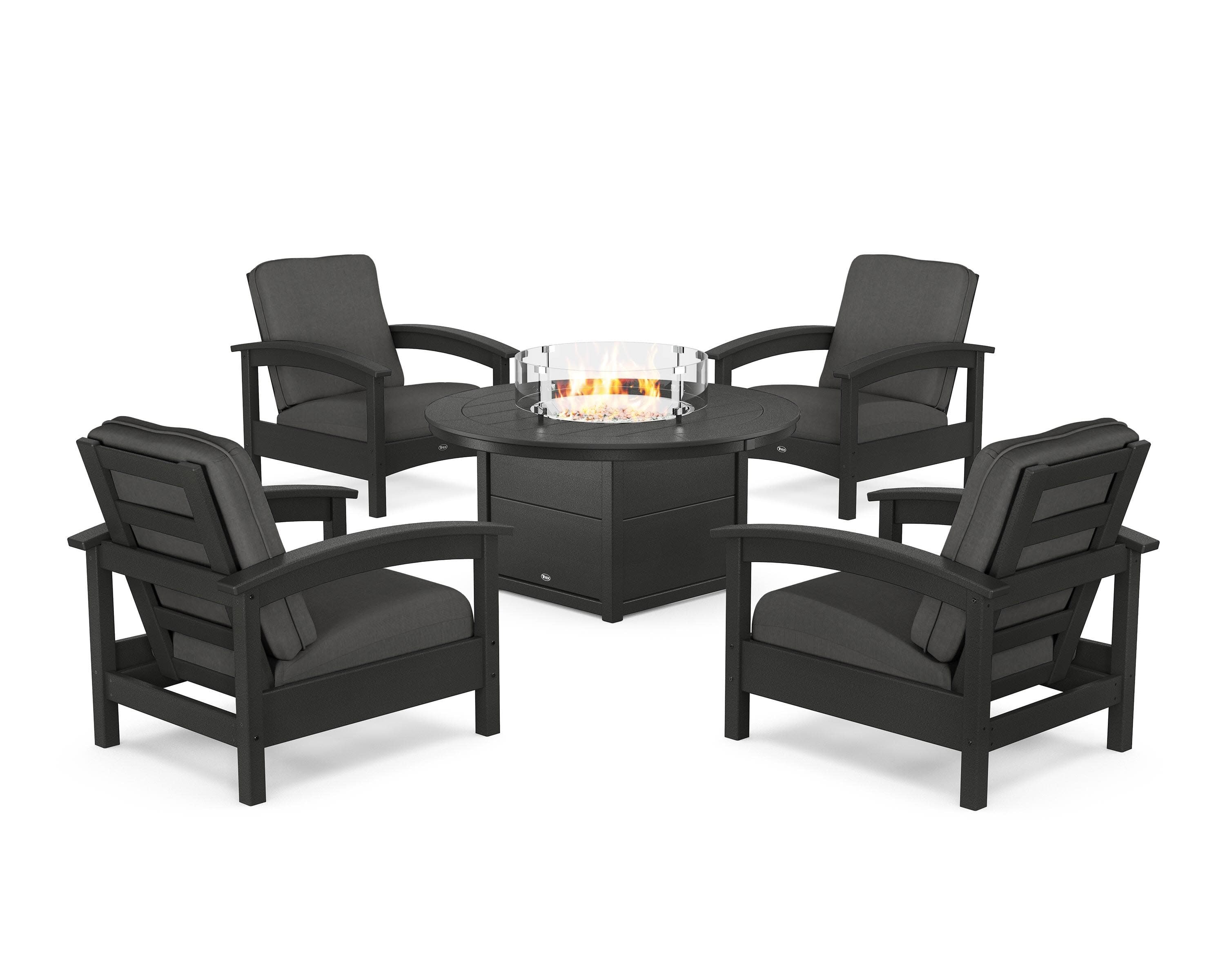 Rockport 5-Piece Deep Seating Set with Round Fire Pit Table in Charcoal Black / Spectrum Carbon