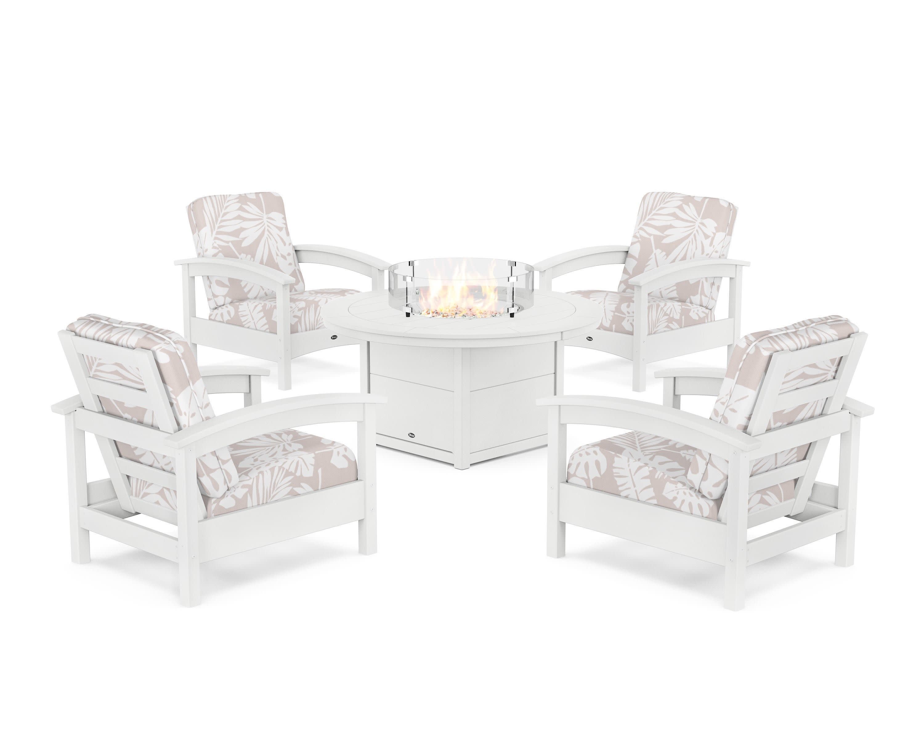 Rockport 5-Piece Deep Seating Set with Round Fire Pit Table in Classic White / Leaf Dune Burlap
