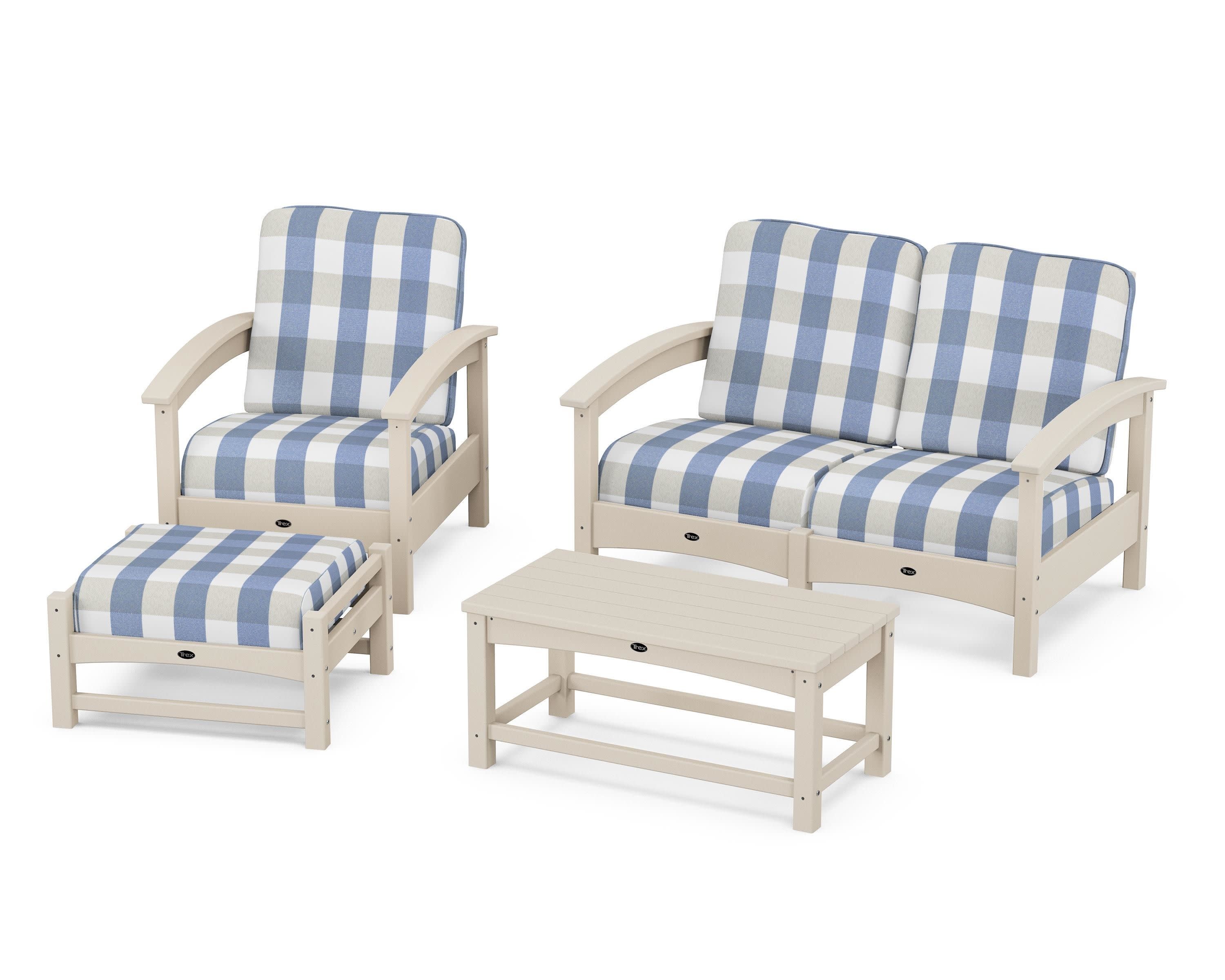 Rockport 4-Piece Deep Seating Conversation Group in Sand Castle / Buffalo Plaid Sky Blue