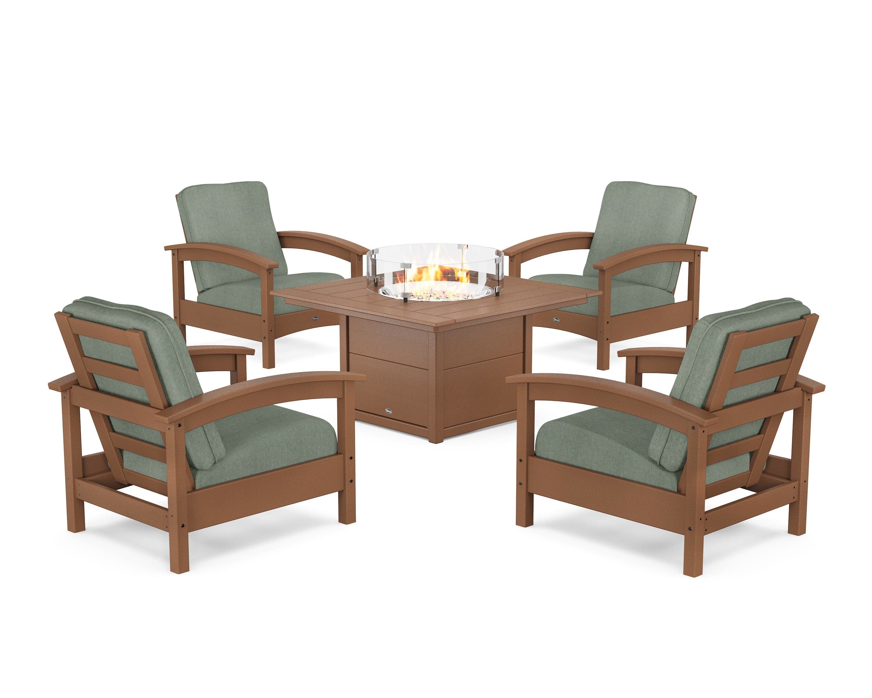 Rockport 5-Piece Deep Seating Set with Square Fire Pit Table in Tree House / Cast Sage