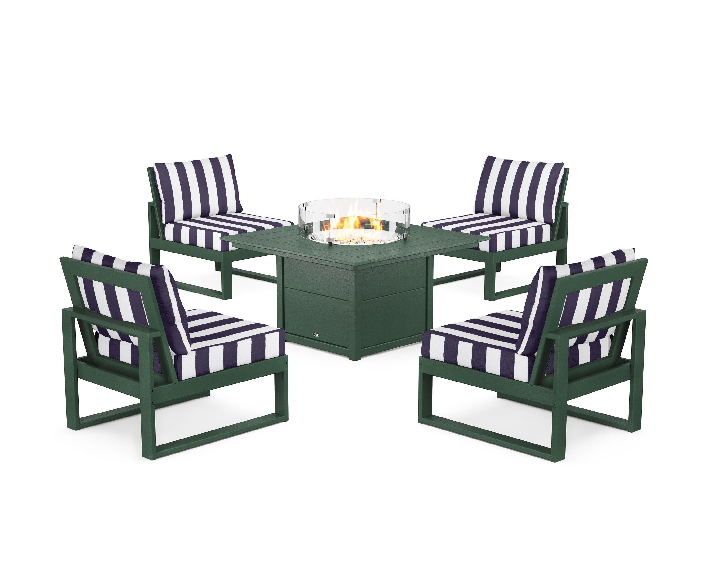 Eastport Modular 5-Piece Deep Seating Set with Square Fire Pit Table in Rainforest Canopy / Cabana Stripe Navy