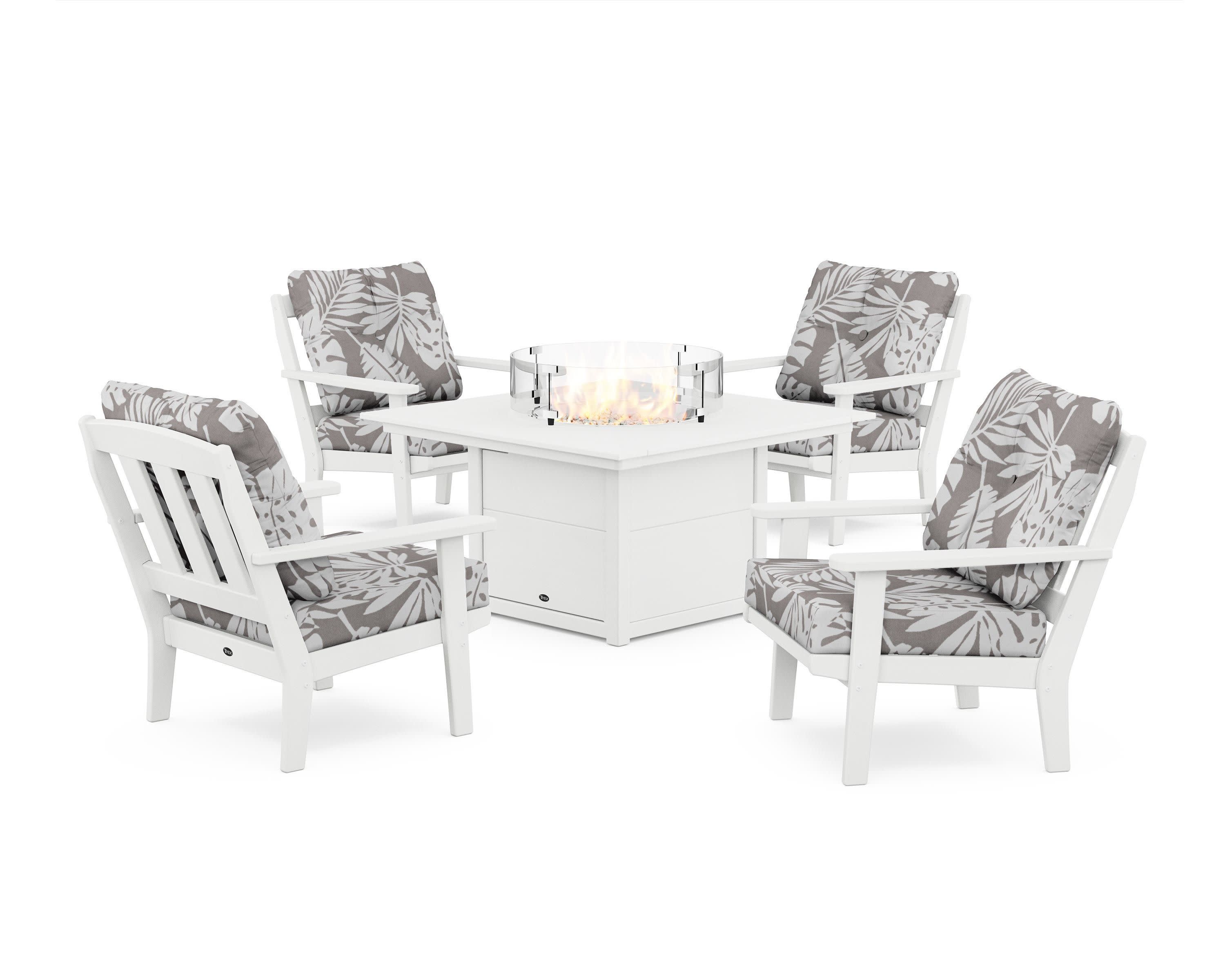 Cape Cod 5-Piece Deep Seating Set with Fire Pit Table in Classic White / Leaf Grey Mist