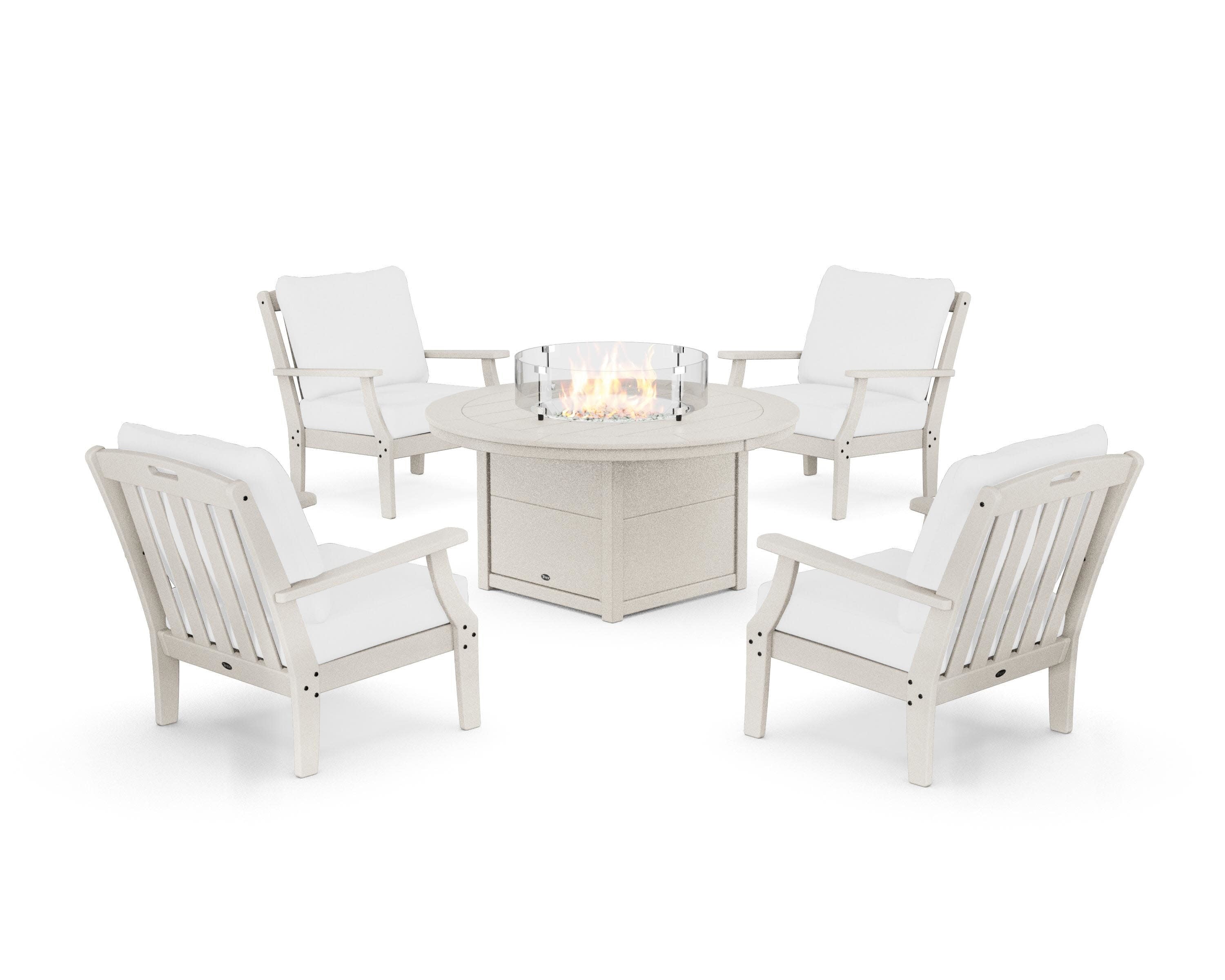 Yacht Club 5-Piece Deep Seating Set with Round Fire Pit Table in Sand Castle / Natural
