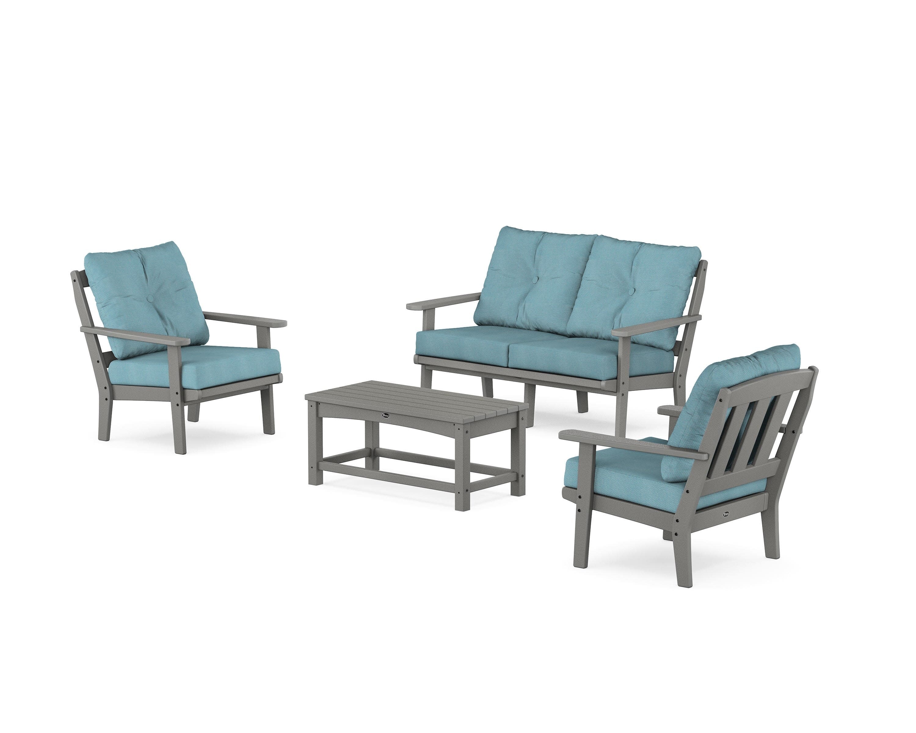 Cape Cod 4-Piece Deep Seating Set with Loveseat in Stepping Stone / Lattice Sky Blue