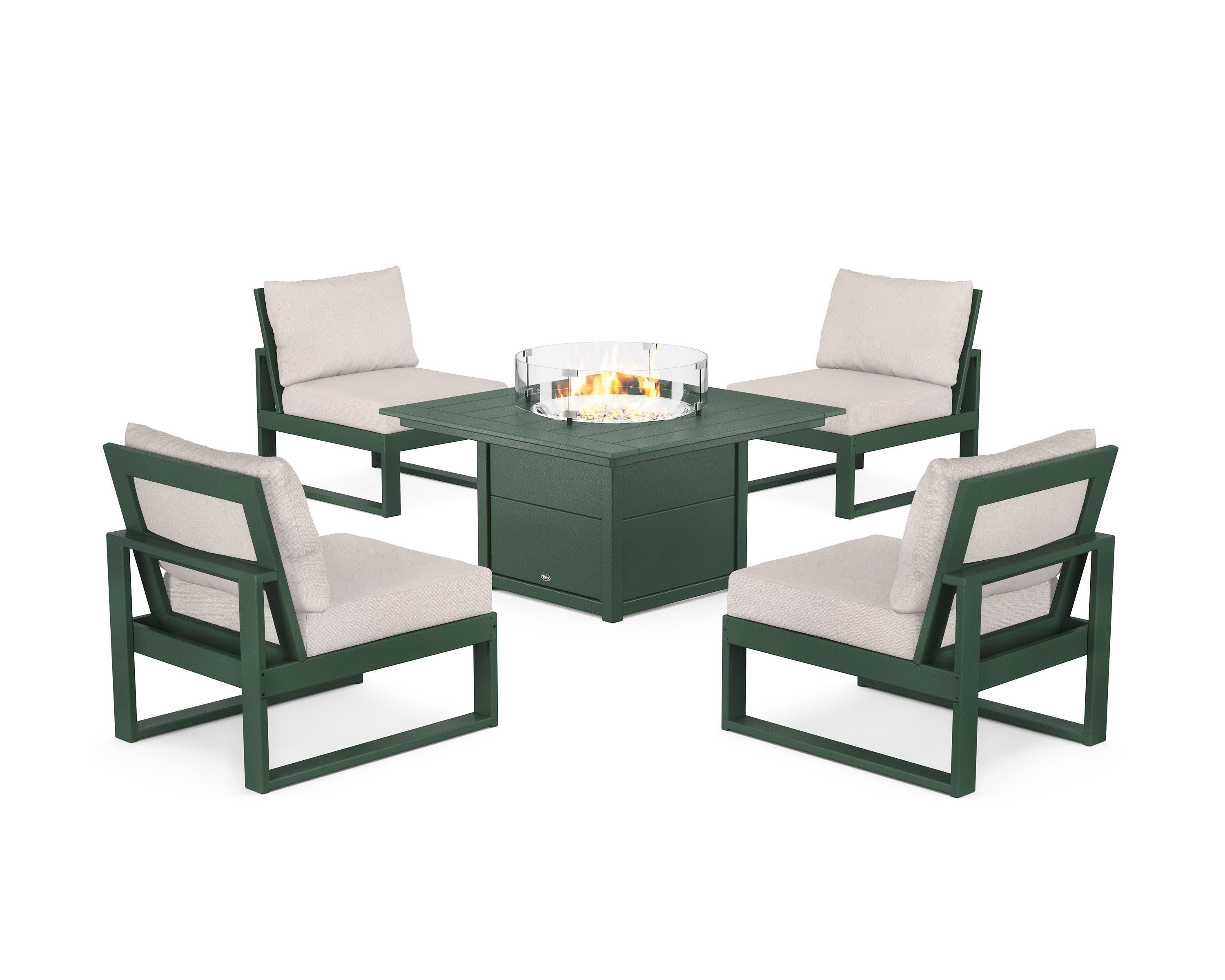 Eastport Modular 5-Piece Deep Seating Set with Square Fire Pit Table in Rainforest Canopy / Dune Burlap