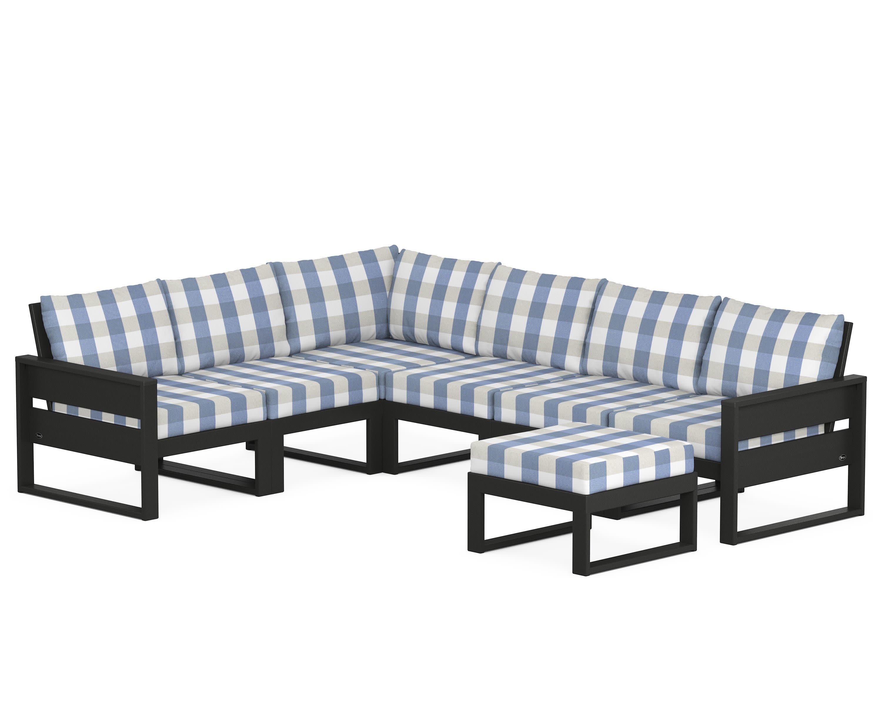 Eastport 6-Piece Sectional with Ottoman in Charcoal Black / Buffalo Plaid Sky Blue