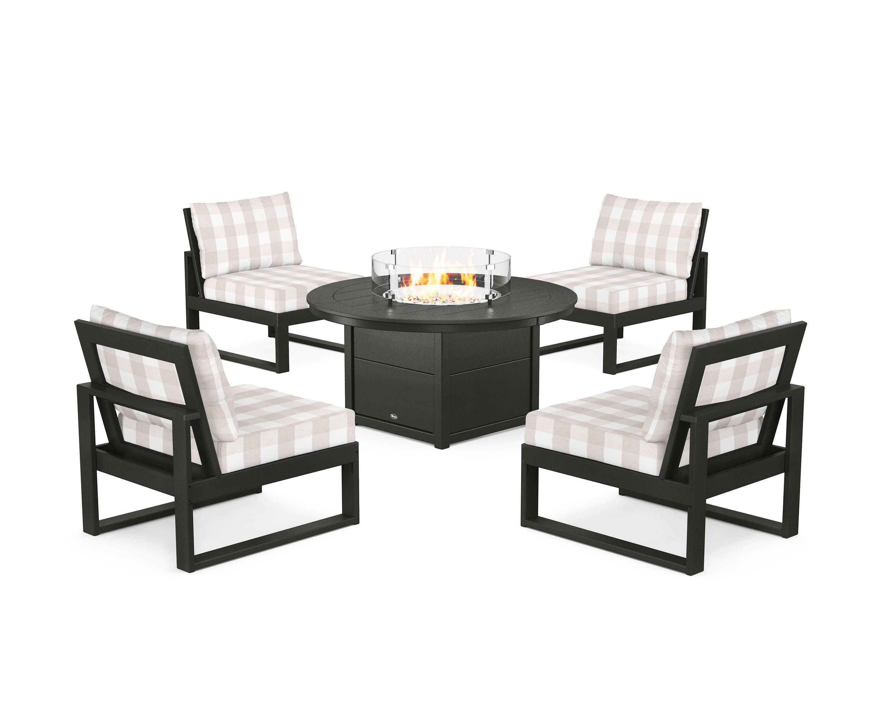 Eastport Modular 5-Piece Deep Seating Set with Round Fire Pit Table in Charcoal Black / Buffalo Plaid Dune Burlap