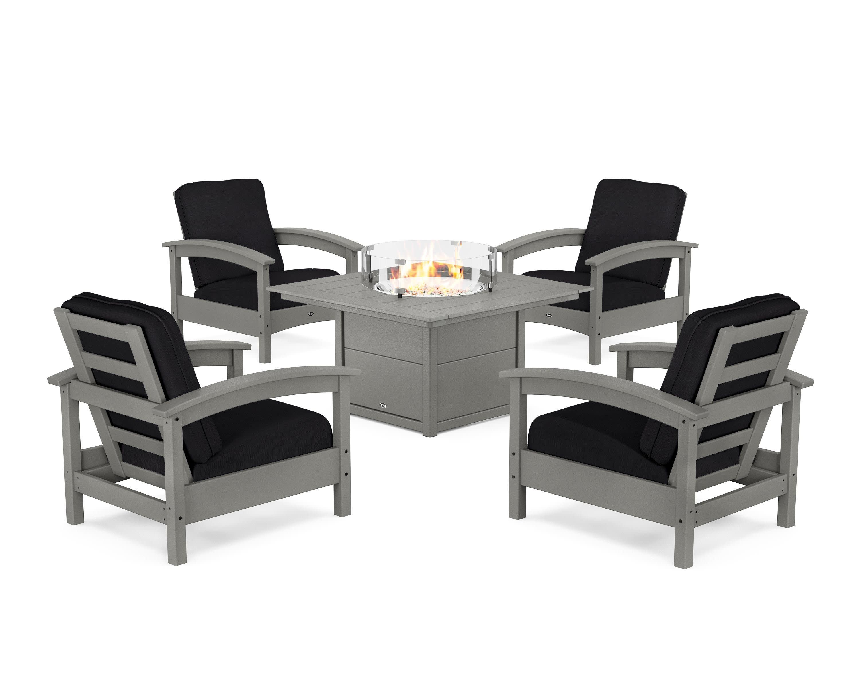 Rockport 5-Piece Deep Seating Set with Square Fire Pit Table in Stepping Stone / Midnight Linen