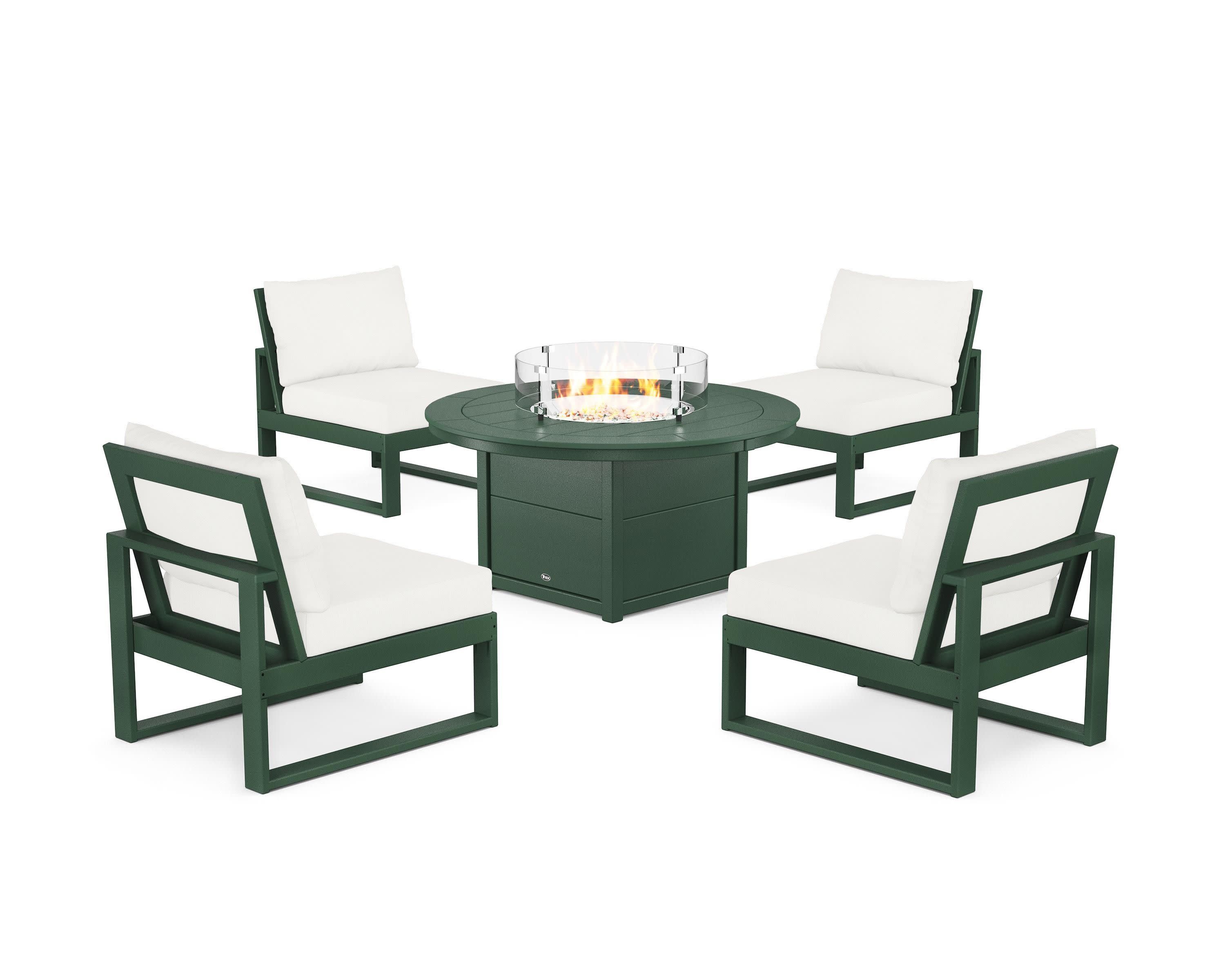 Eastport Modular 5-Piece Deep Seating Set with Round Fire Pit Table in Rainforest Canopy / Natural Linen